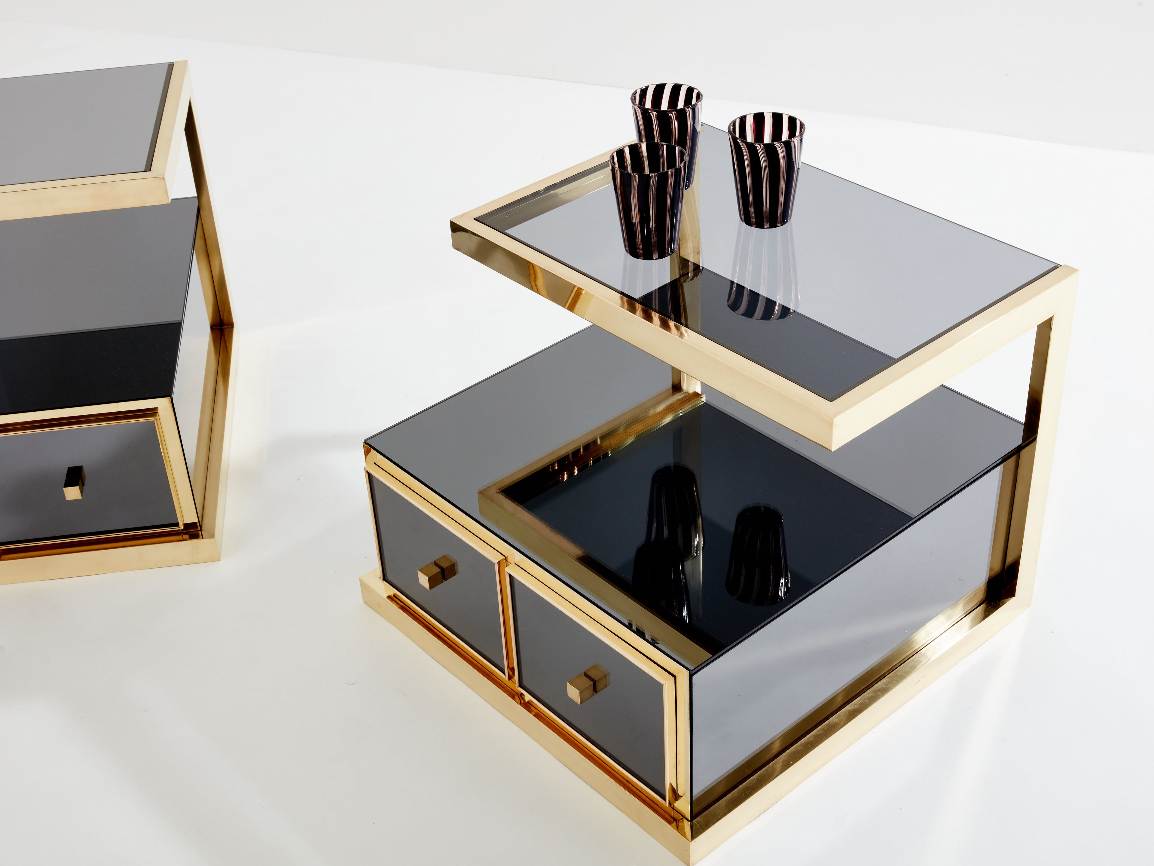 Pair of Michel Pigneres smoked mirrored and brass side tables 1970s