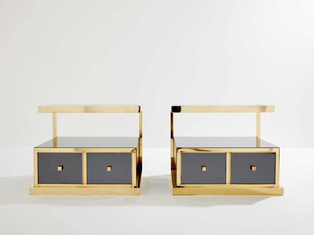 Pair of Michel Pigneres smoked mirrored and brass side tables 1970s