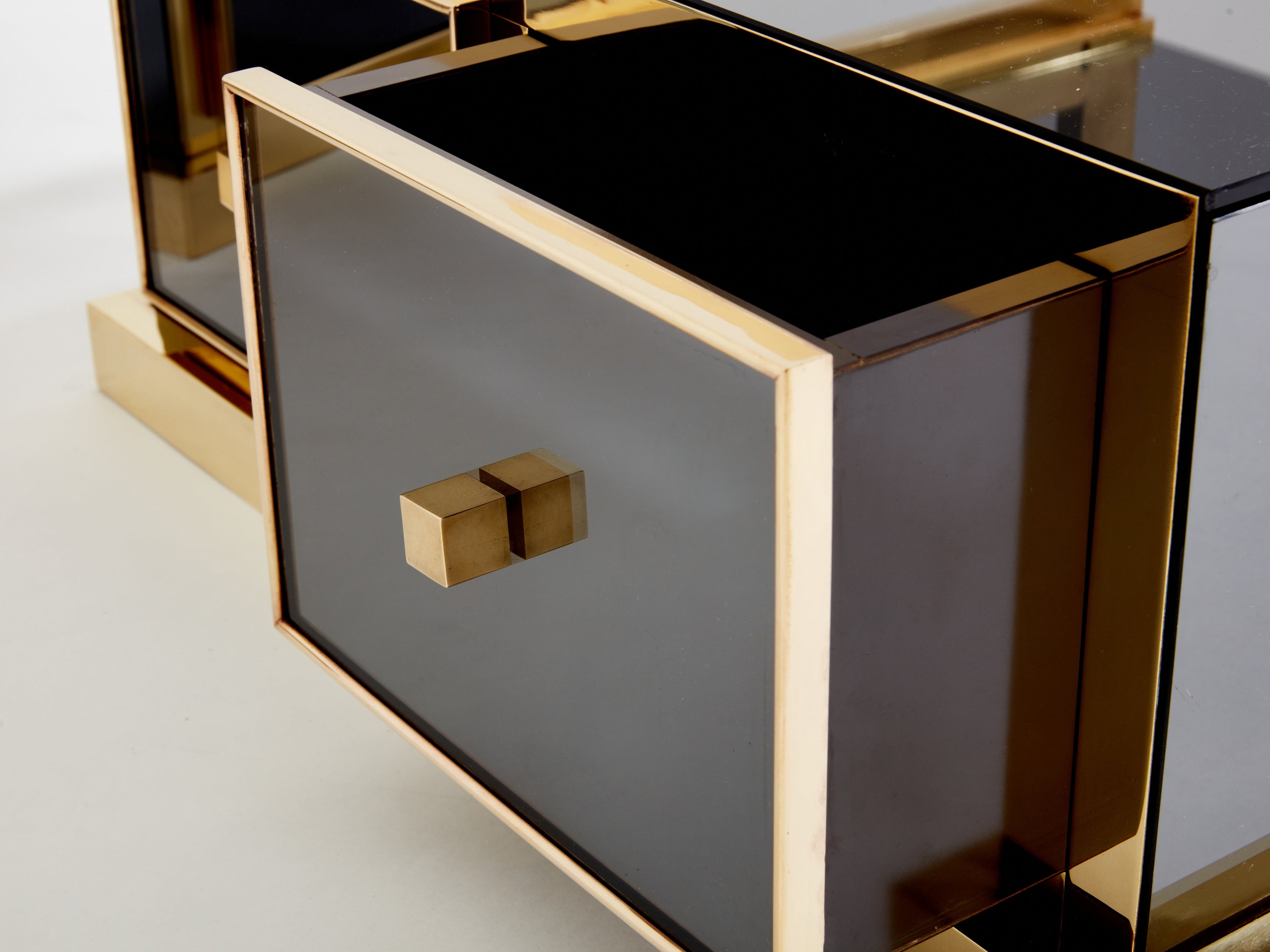 Pair of Michel Pigneres smoked mirrored and brass side tables 1970s
