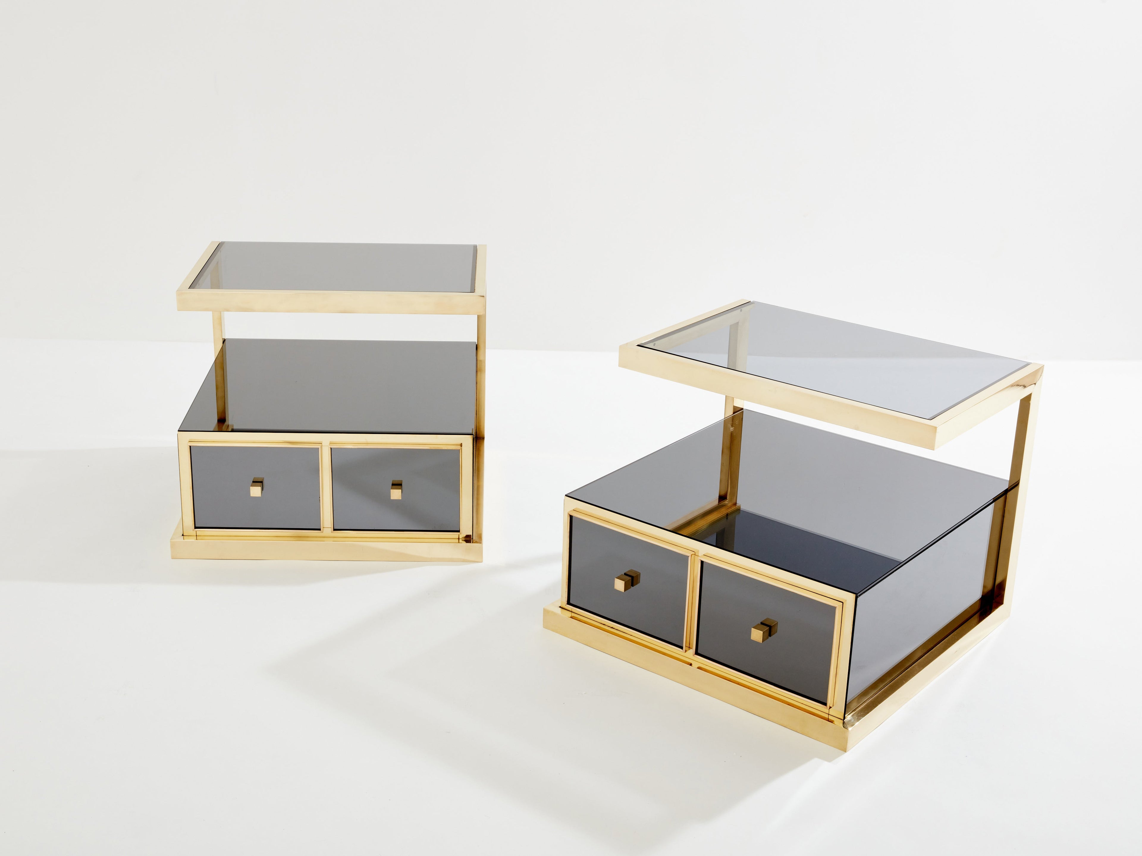 Pair of Michel Pigneres smoked mirrored and brass side tables 1970s