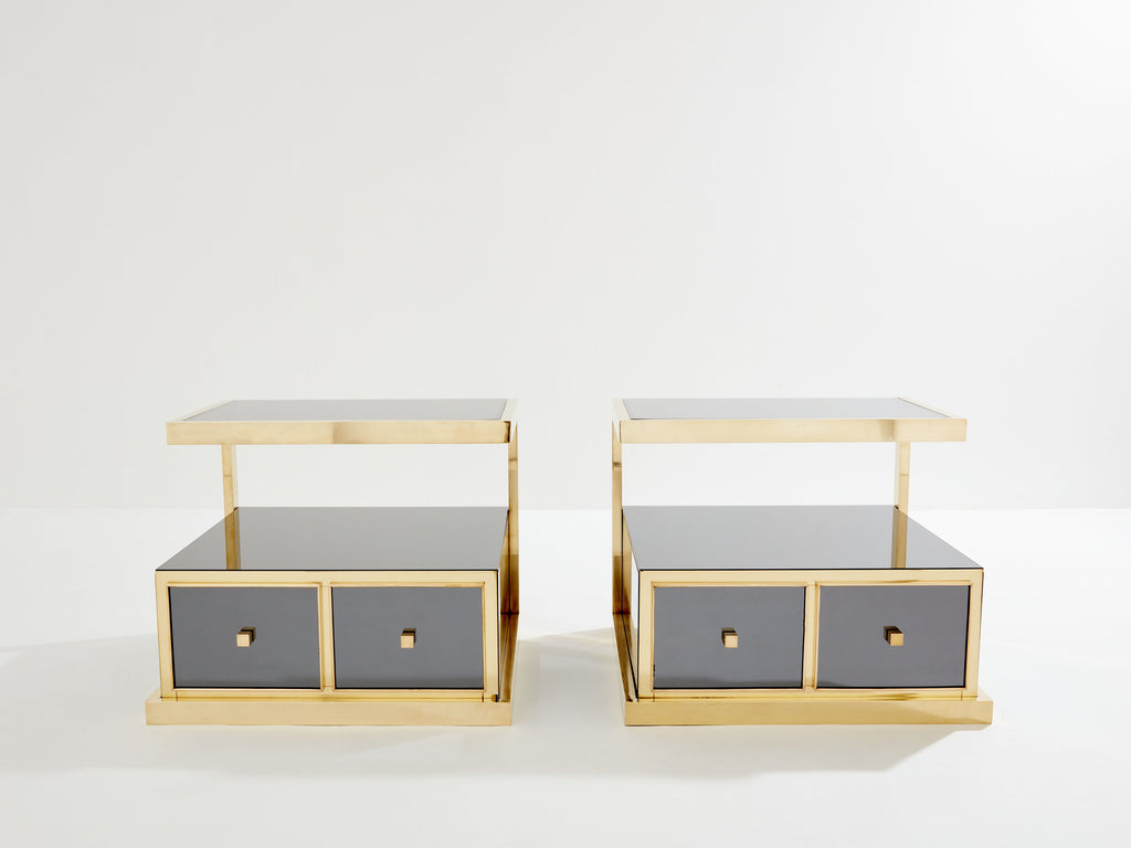 Pair of Michel Pigneres smoked mirrored and brass side tables 1970s