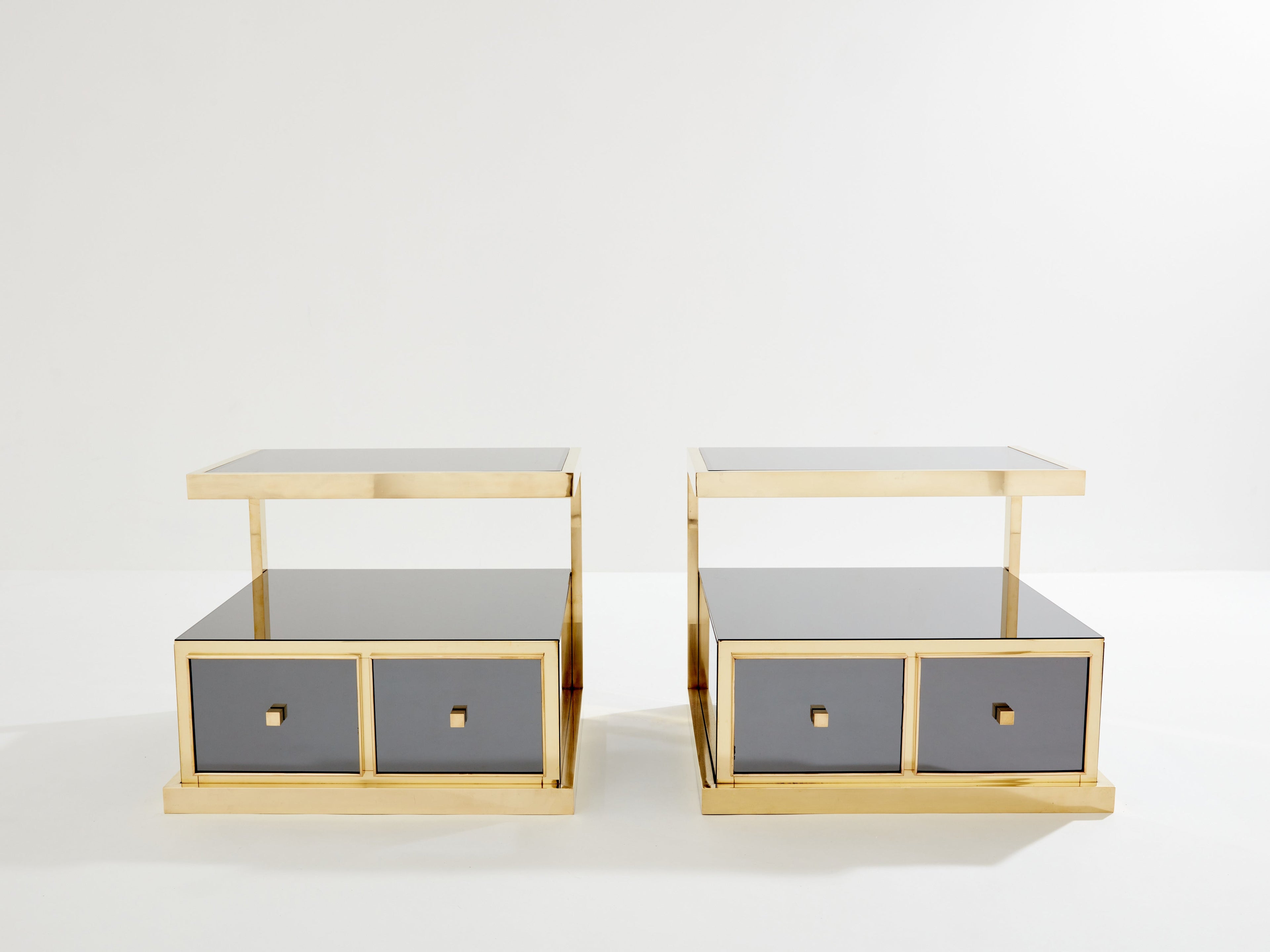 Pair of Michel Pigneres smoked mirrored and brass side tables 1970s