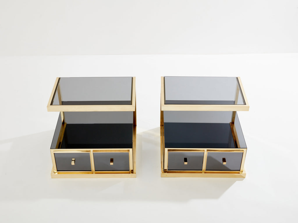 Pair of Michel Pigneres smoked mirrored and brass side tables 1970s