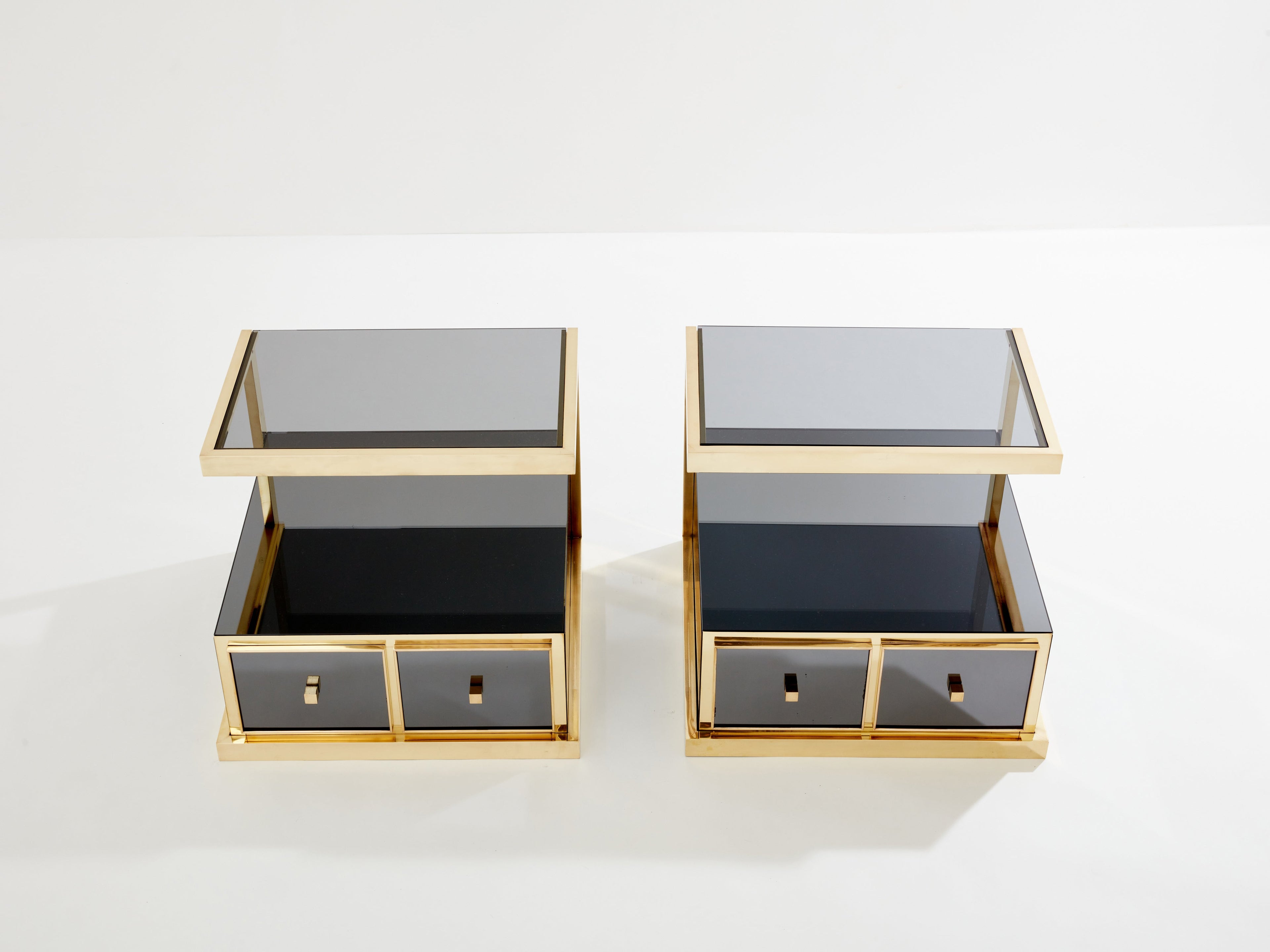 Pair of Michel Pigneres smoked mirrored and brass side tables 1970s