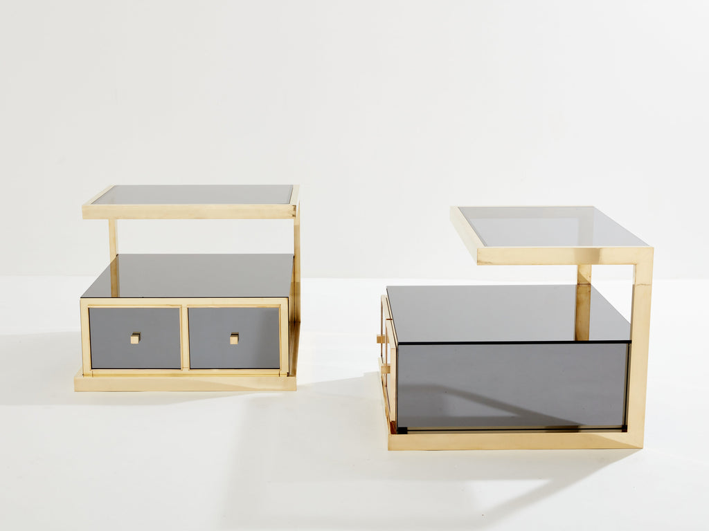 Pair of Michel Pigneres smoked mirrored and brass side tables 1970s