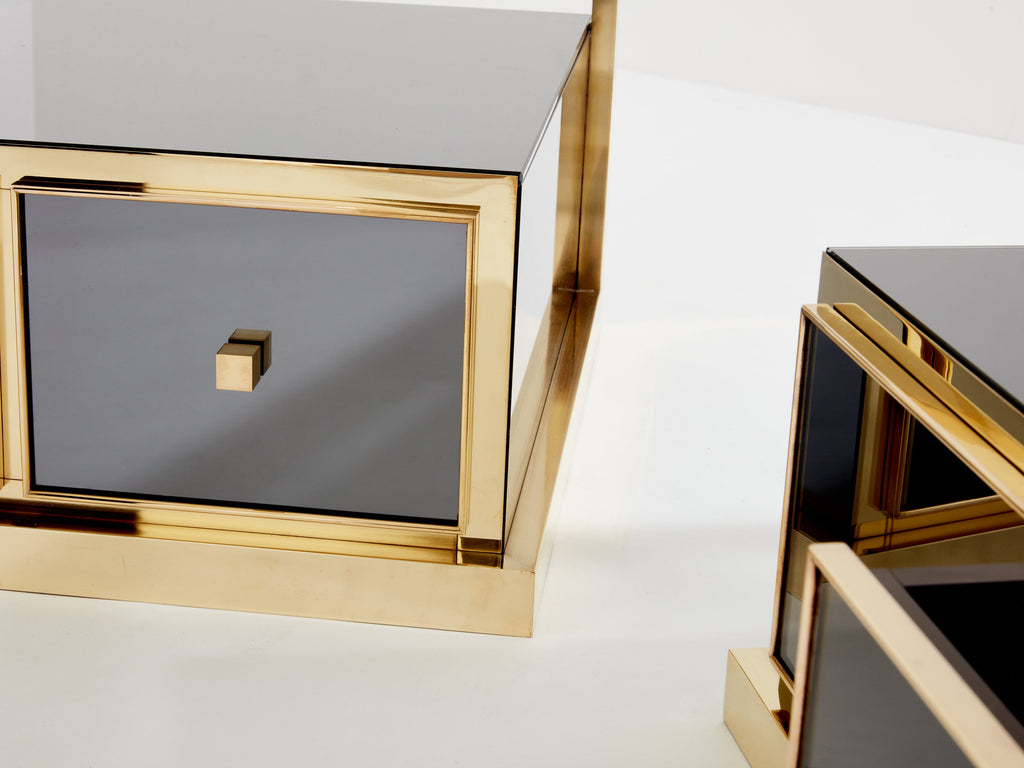 Pair of Michel Pigneres smoked mirrored and brass side tables 1970s