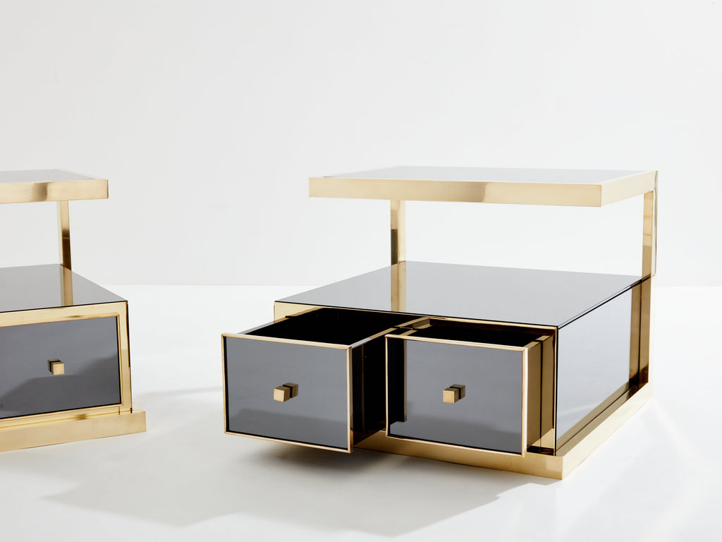 Pair of Michel Pigneres smoked mirrored and brass side tables 1970s
