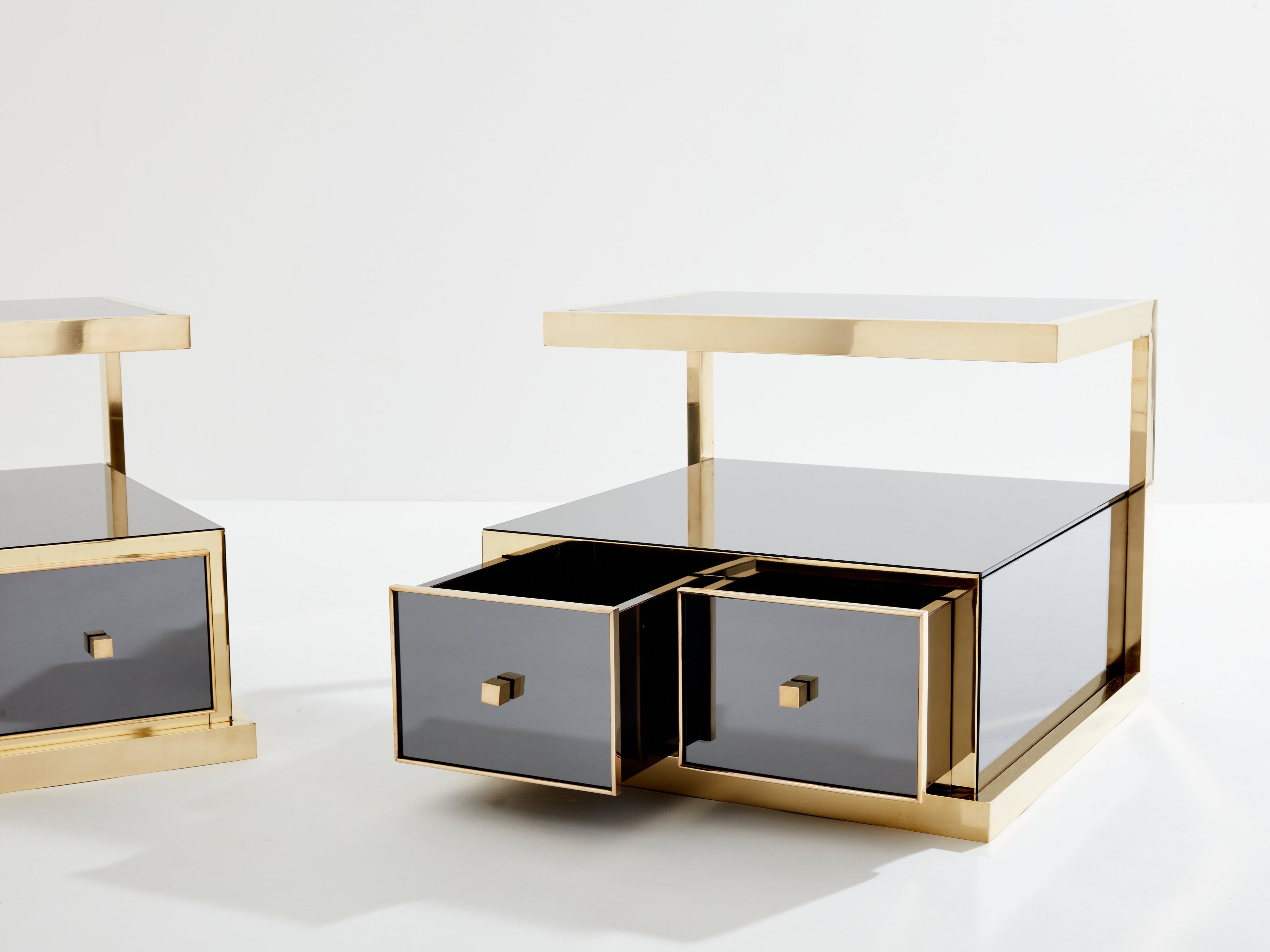 Pair of Michel Pigneres smoked mirrored and brass side tables 1970s