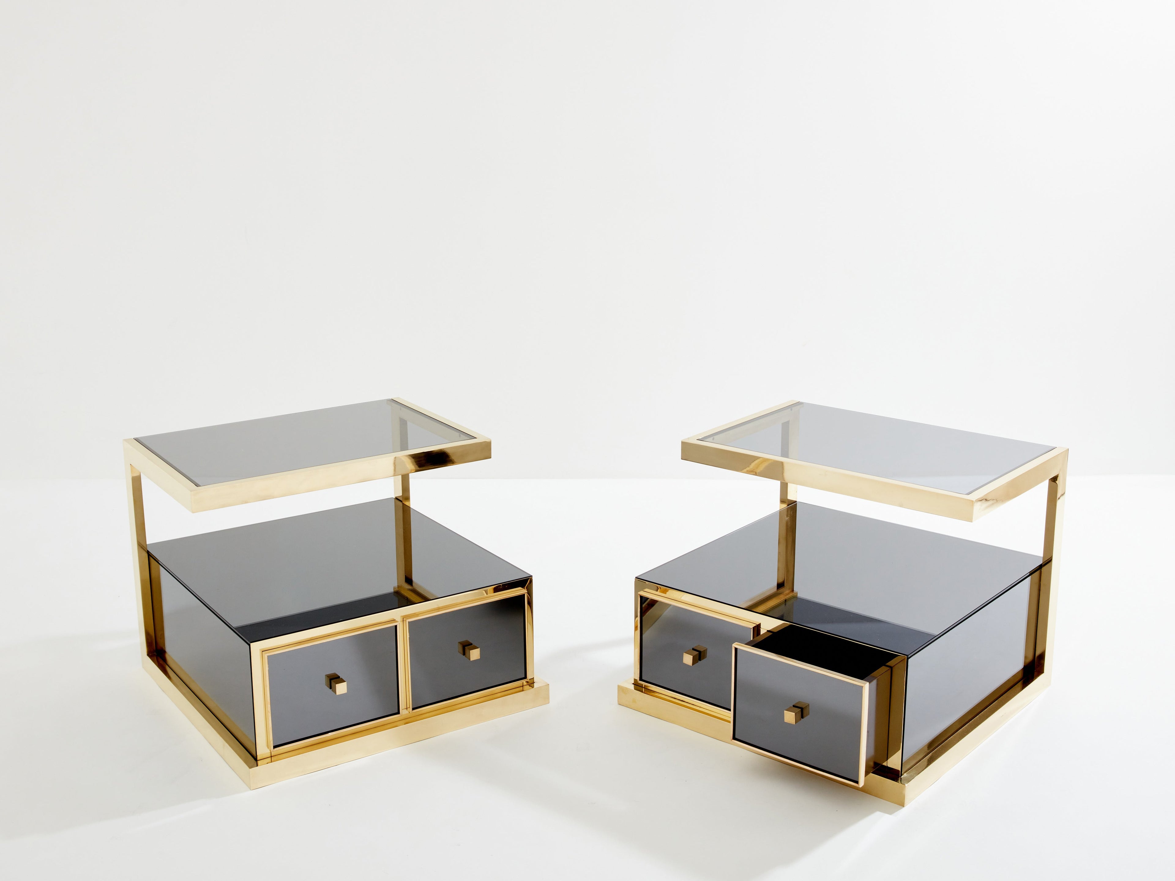 Pair of Michel Pigneres smoked mirrored and brass side tables 1970s