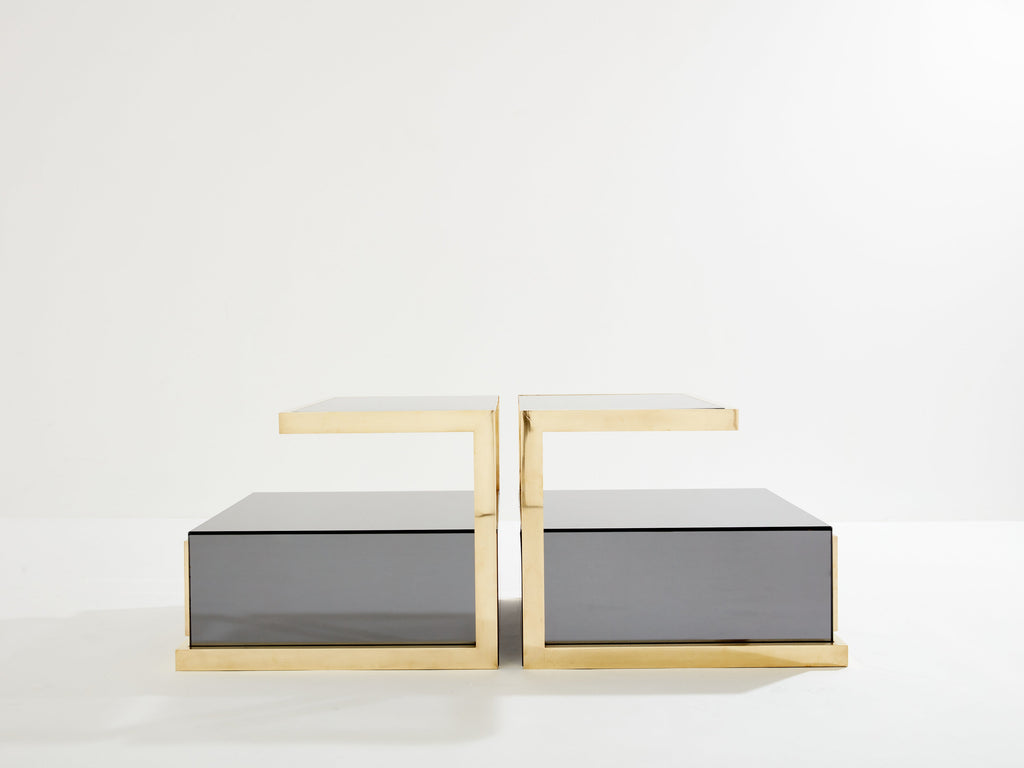 Pair of Michel Pigneres smoked mirrored and brass side tables 1970s