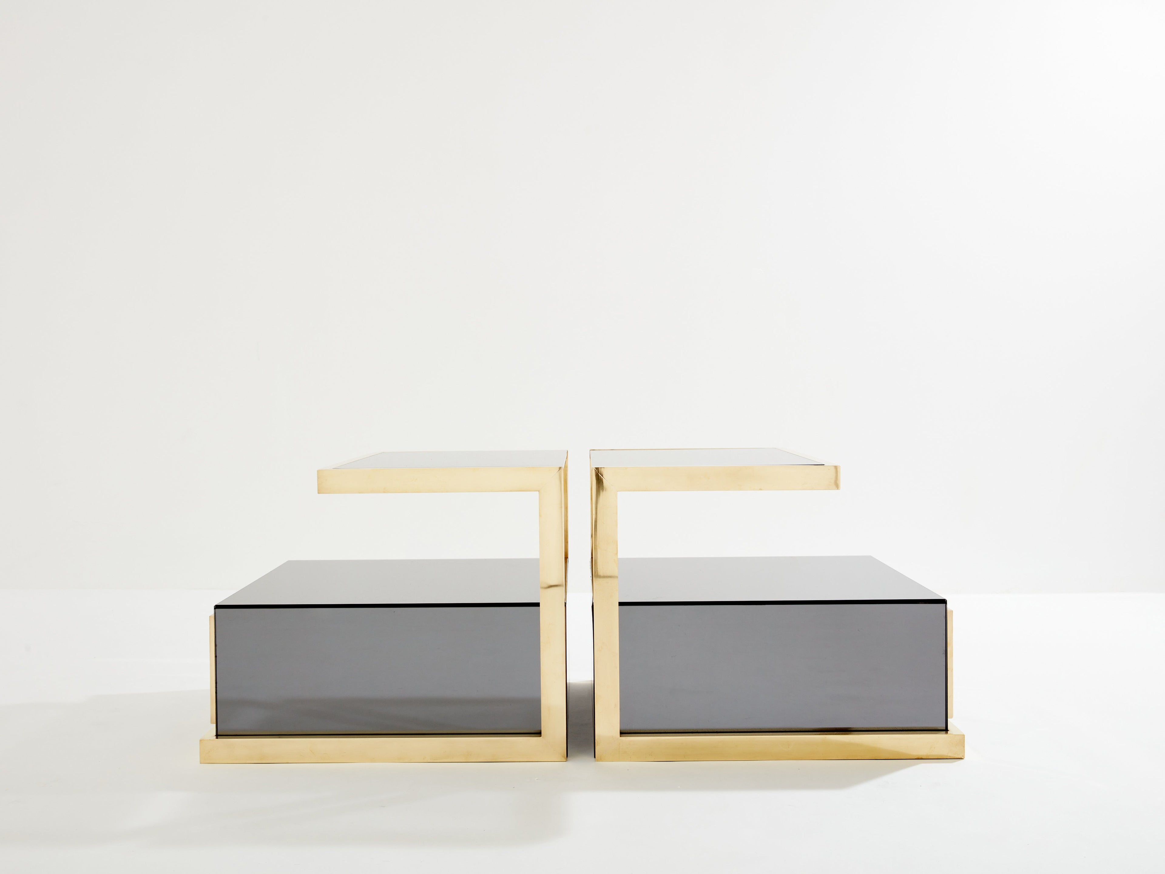 Pair of Michel Pigneres smoked mirrored and brass side tables 1970s