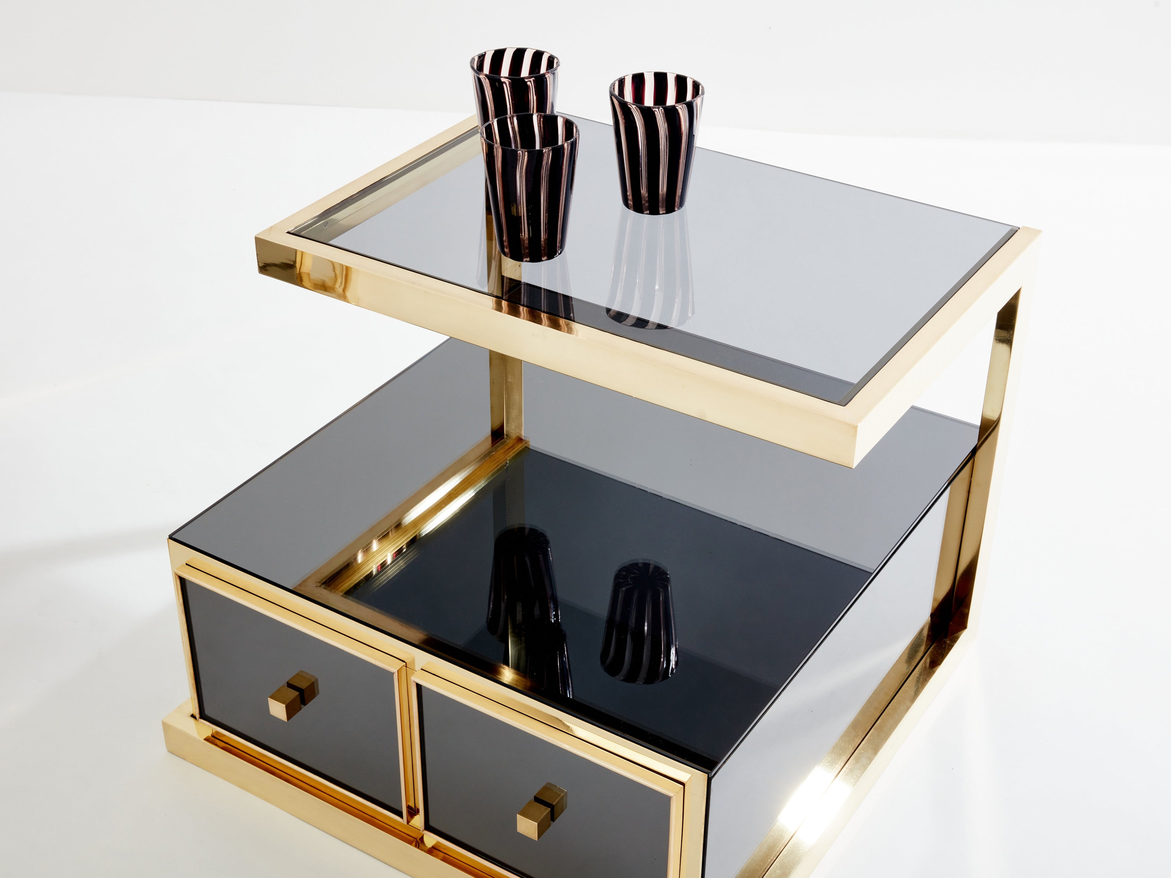 Pair of Michel Pigneres smoked mirrored and brass side tables 1970s