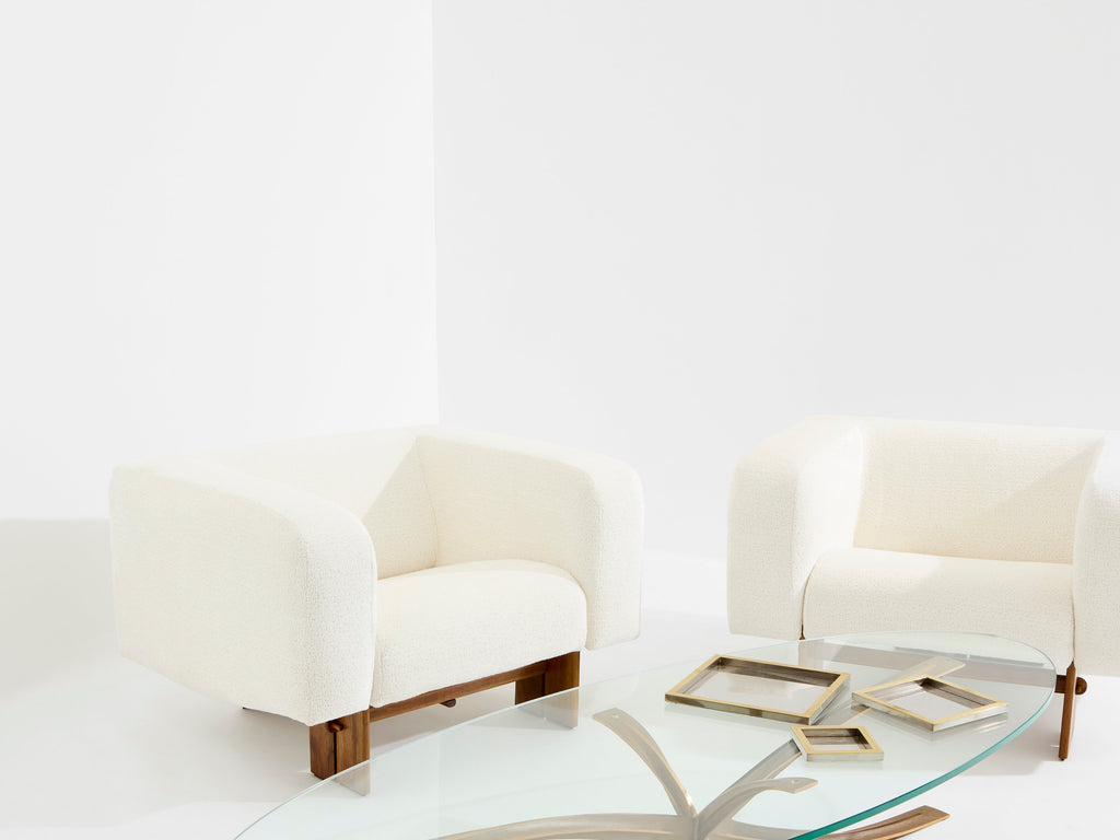 Pair of brutalist Italian armchairs walnut and chenille velvet 1960s