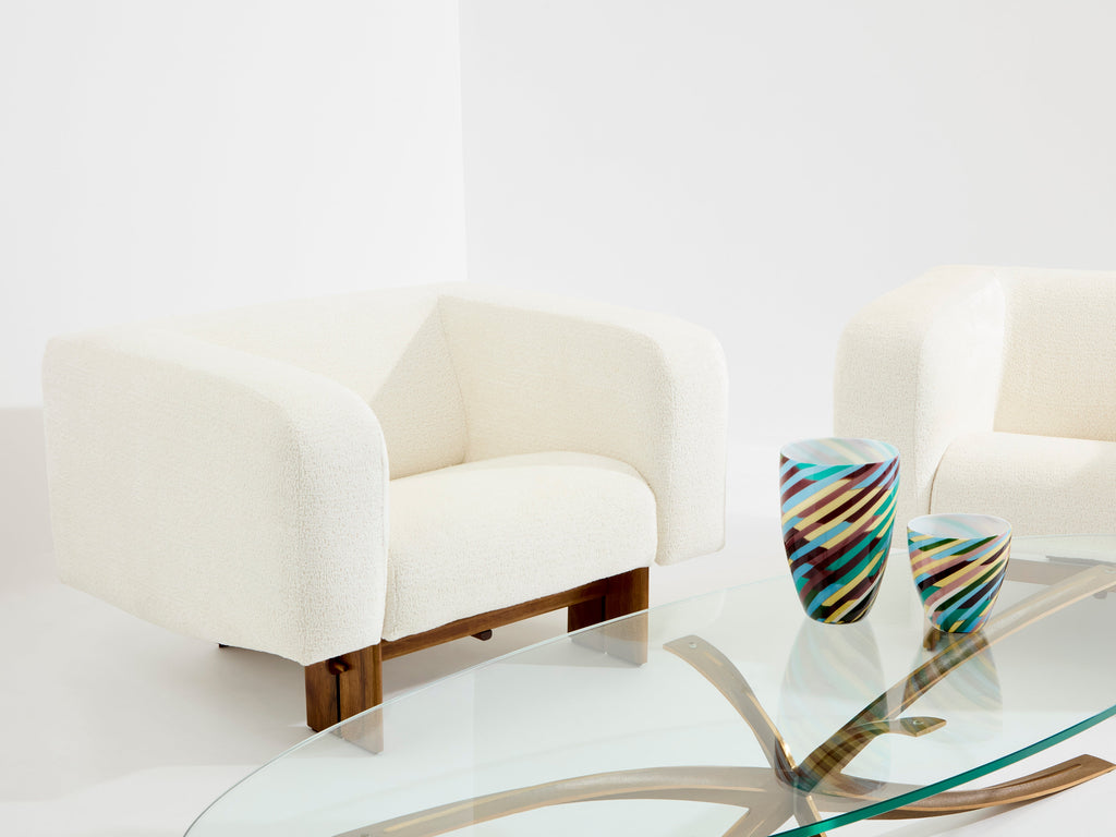 Pair of brutalist Italian armchairs walnut and chenille velvet 1960s