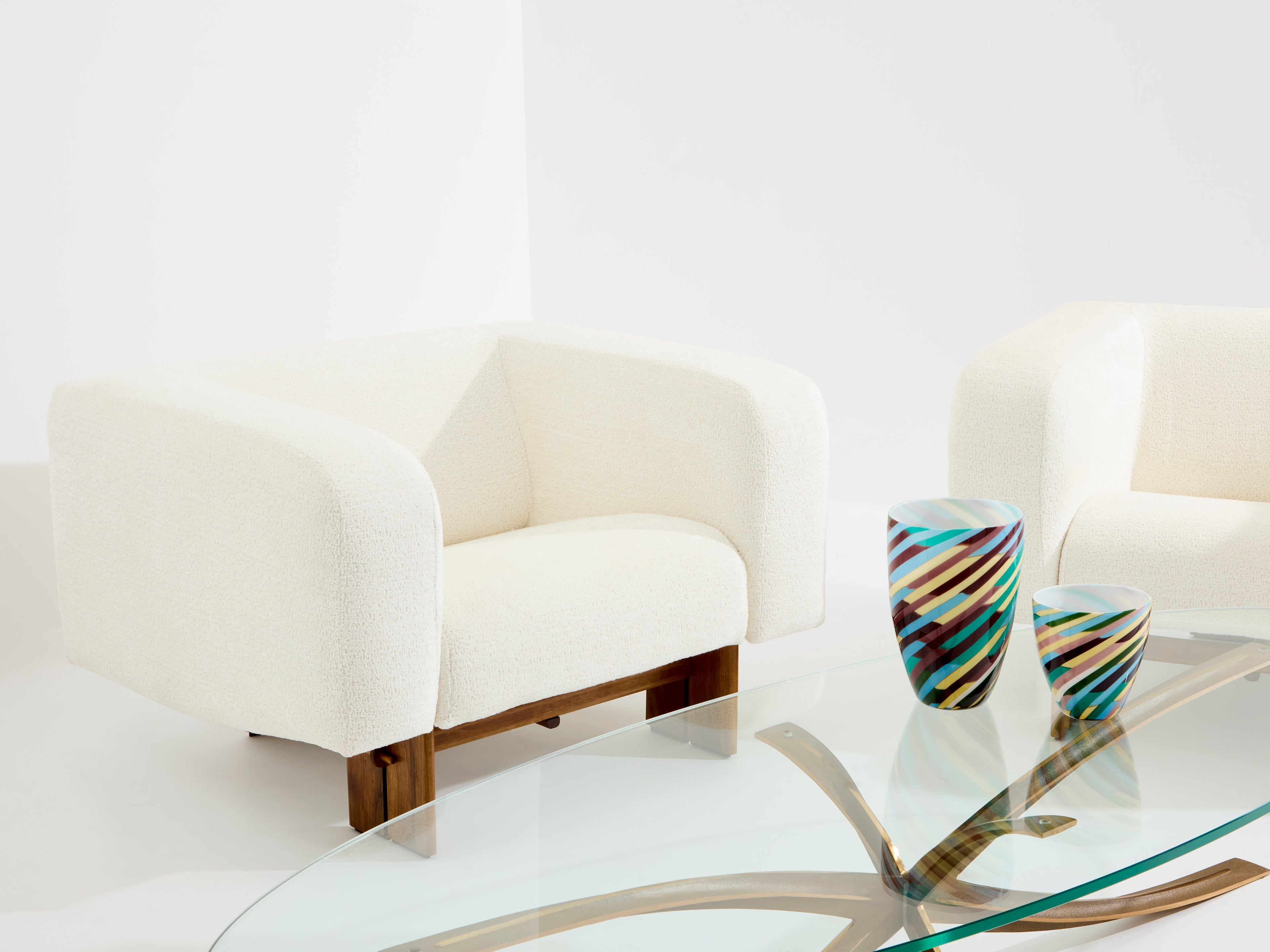 Pair of brutalist Italian armchairs walnut and chenille velvet 1960s