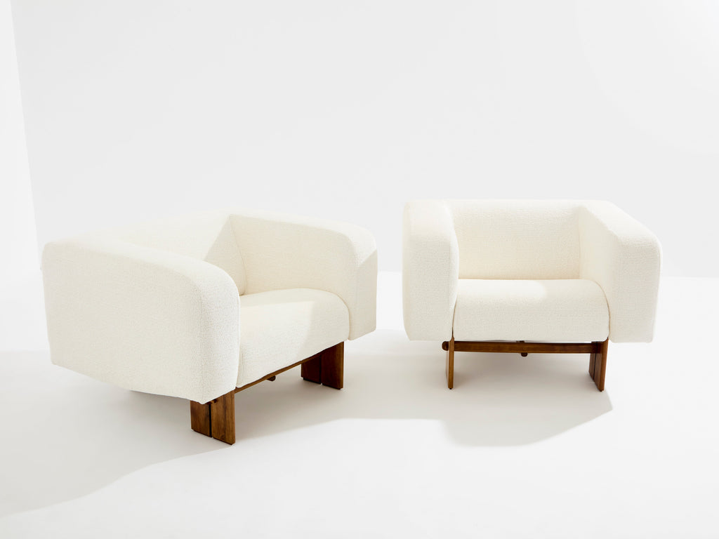 Pair of brutalist Italian armchairs walnut and chenille velvet 1960s