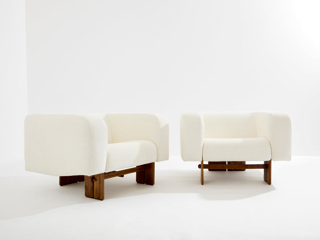 Pair of brutalist Italian armchairs walnut and chenille velvet 1960s