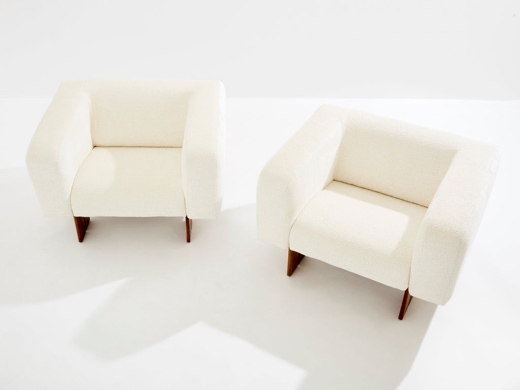 Pair of brutalist Italian armchairs walnut and chenille velvet 1960s