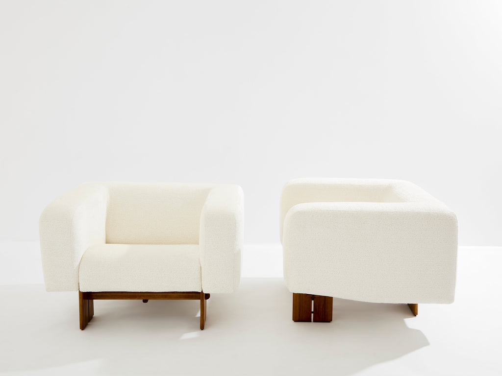Pair of brutalist Italian armchairs walnut and chenille velvet 1960s