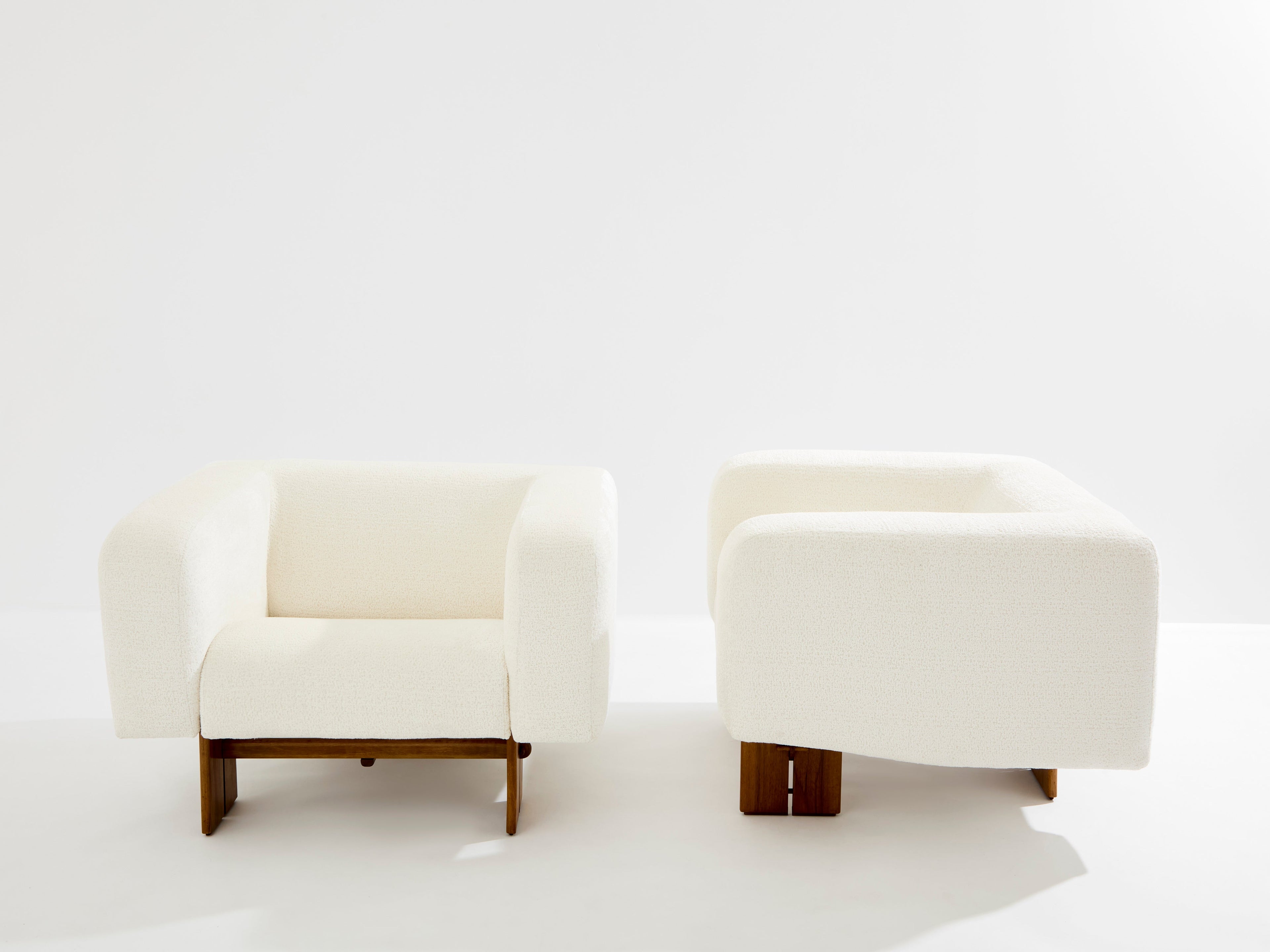 Pair of brutalist Italian armchairs walnut and chenille velvet 1960s