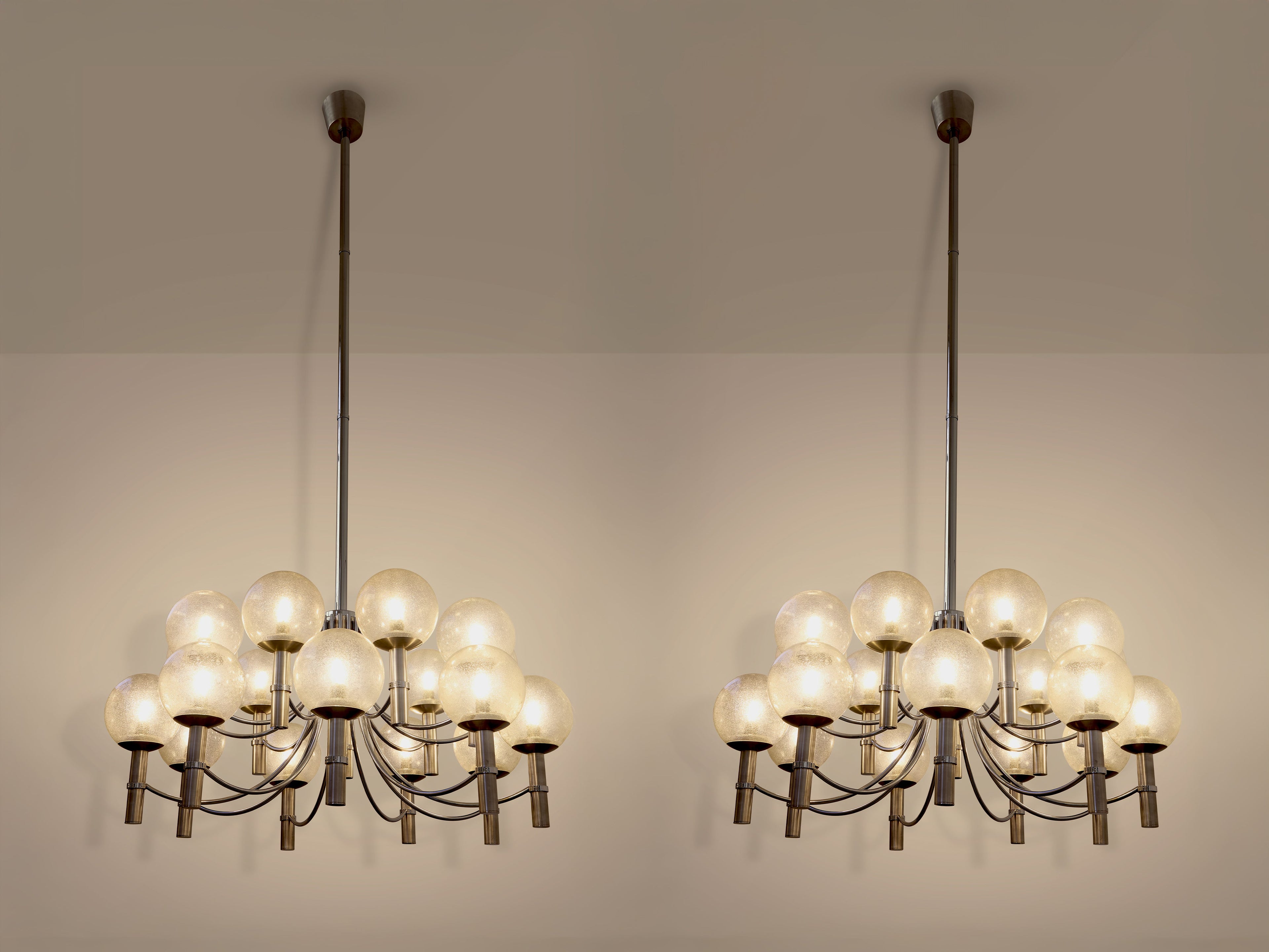Pair of unique Veronese chandeliers 65 inches steel Murano glass 1970