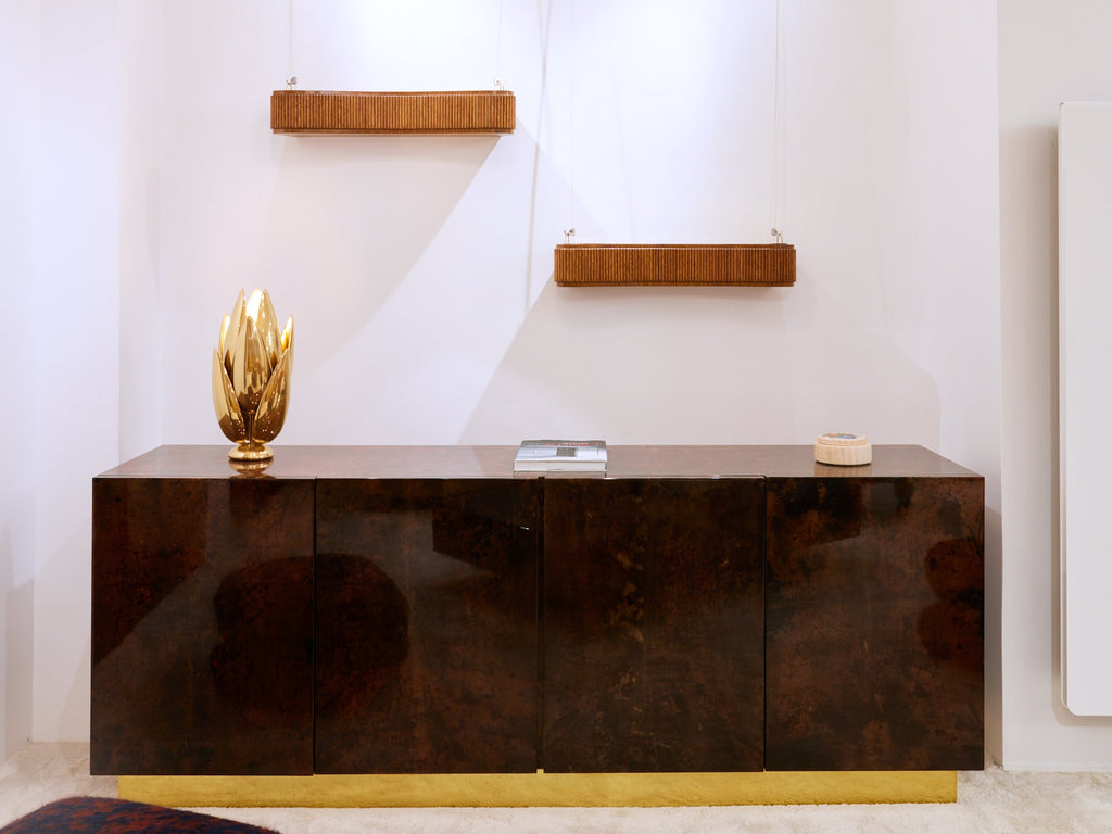 Paolo Buffa pair of carved warm elm wood brass planters 1940s