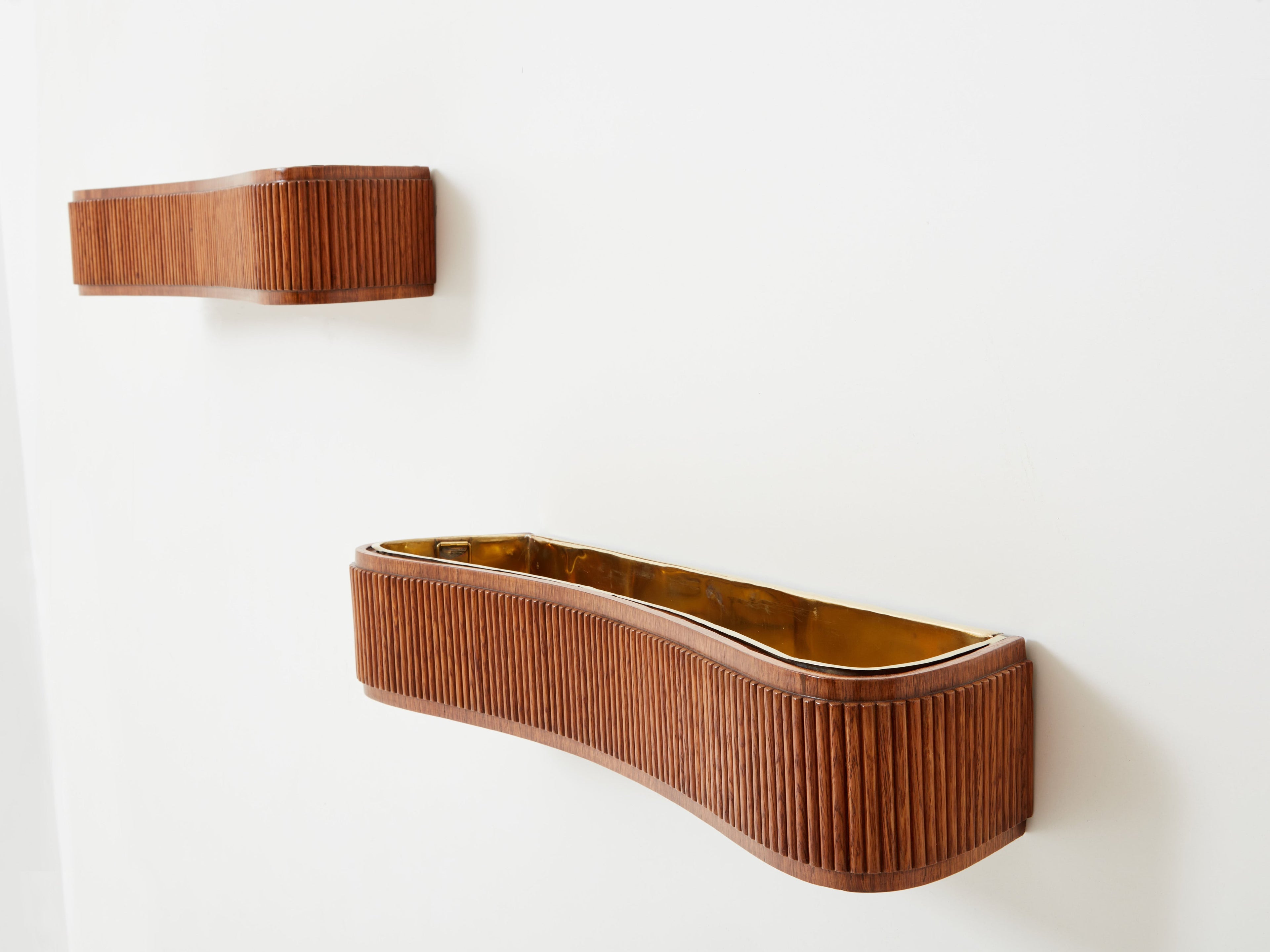 Paolo Buffa pair of carved warm elm wood brass planters 1940s