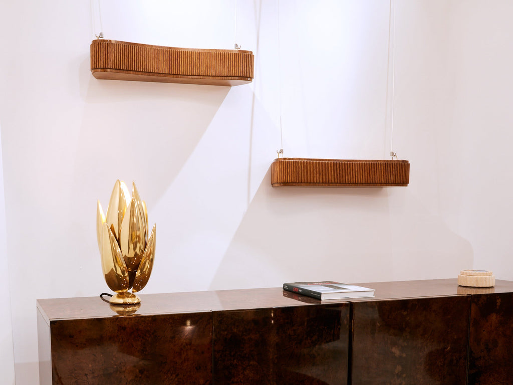 Paolo Buffa pair of carved warm elm wood brass planters 1940s