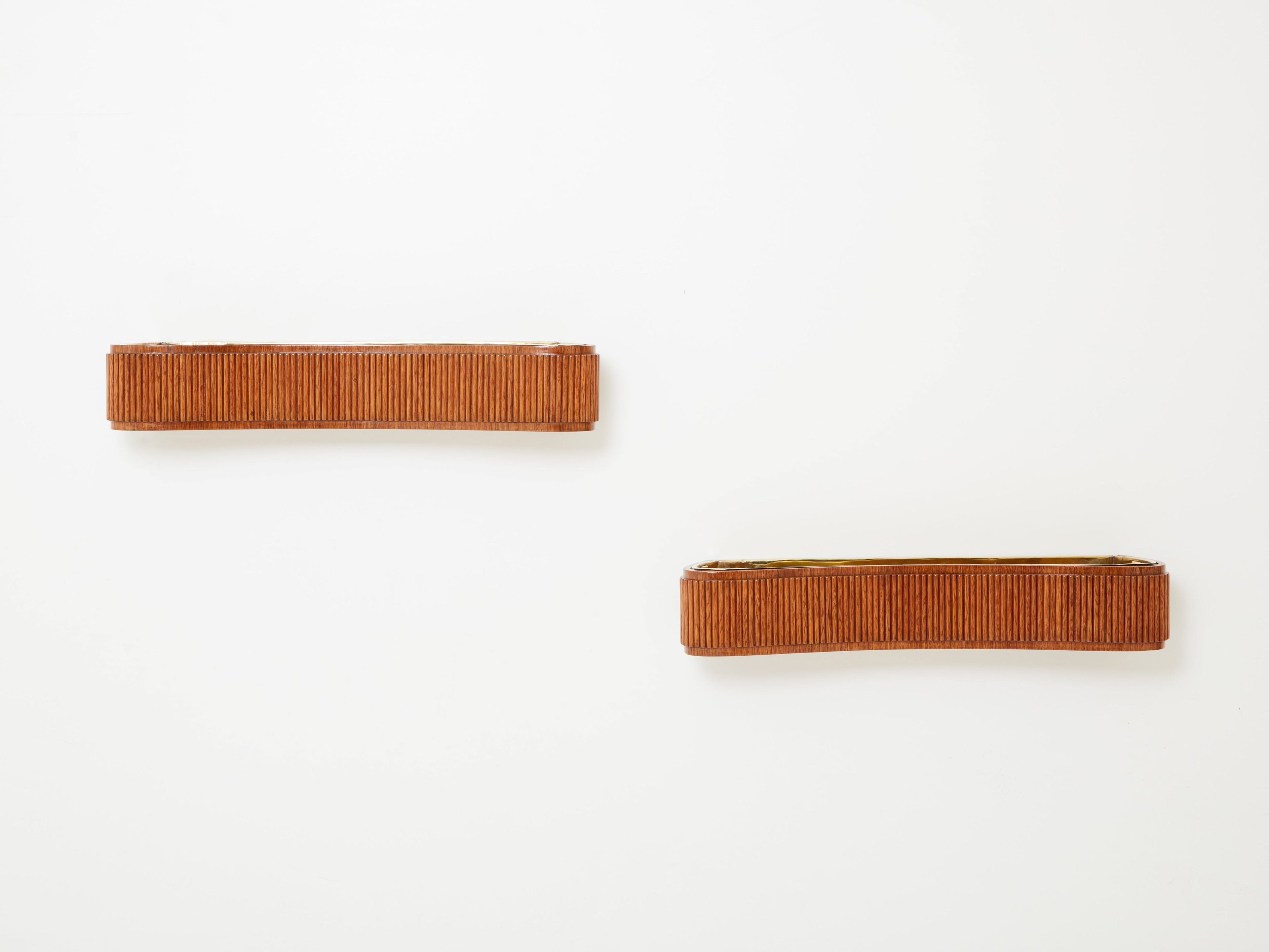 Paolo Buffa pair of carved warm elm wood brass planters 1940s