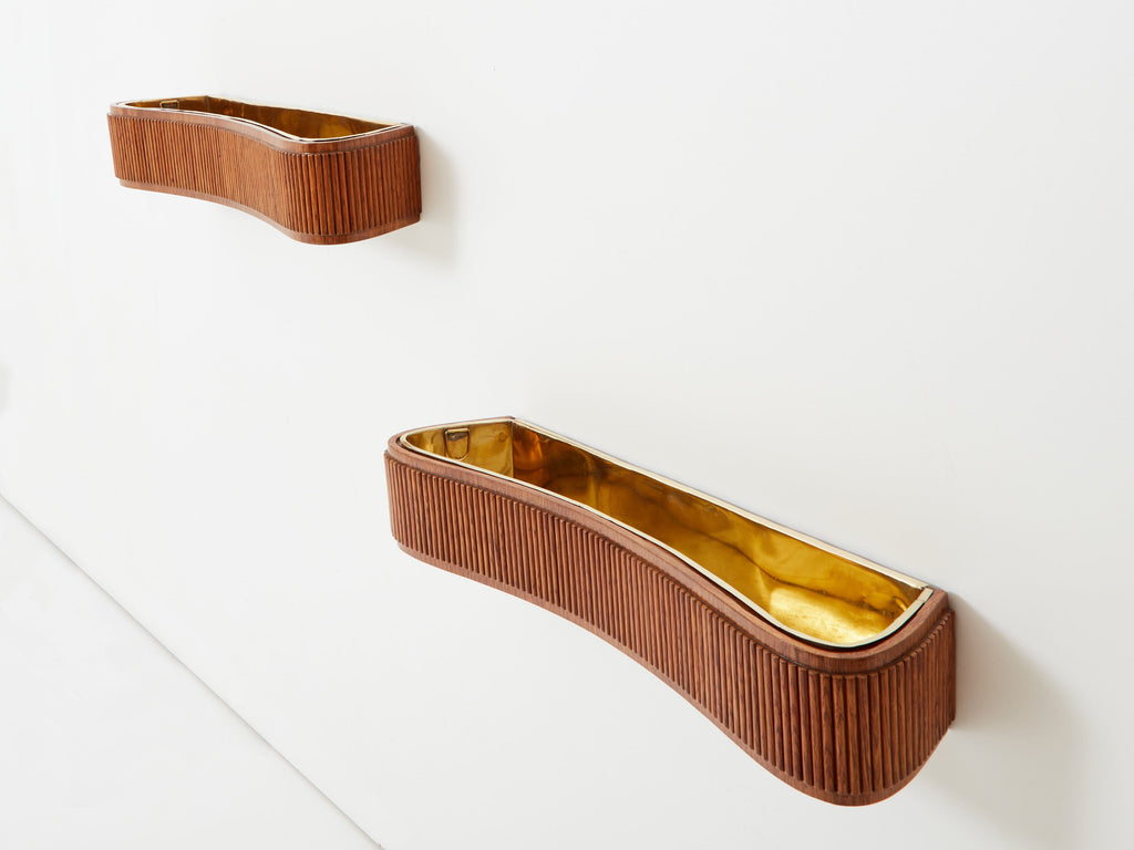 Paolo Buffa pair of carved warm elm wood brass planters 1940s
