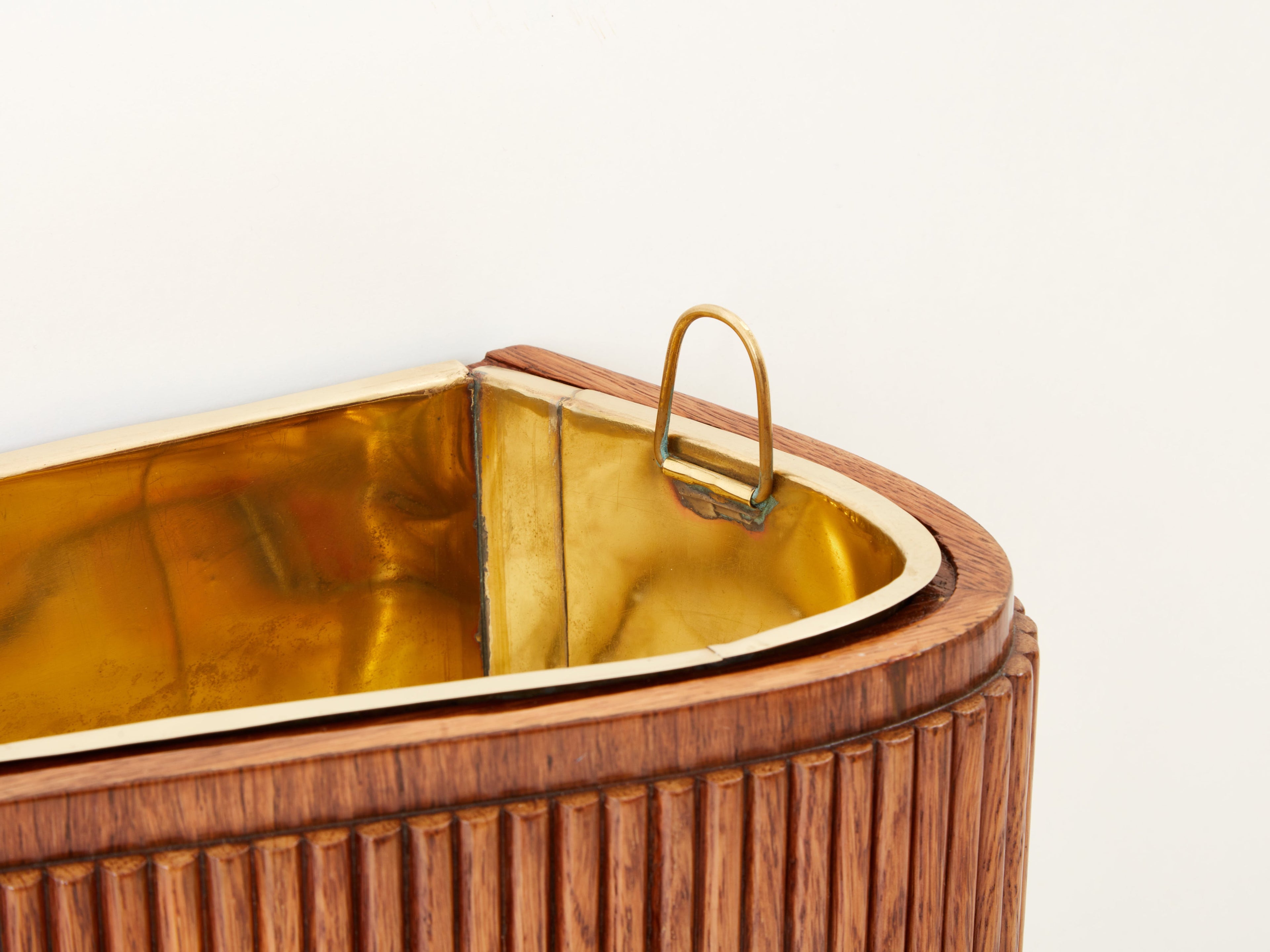 Paolo Buffa pair of carved warm elm wood brass planters 1940s