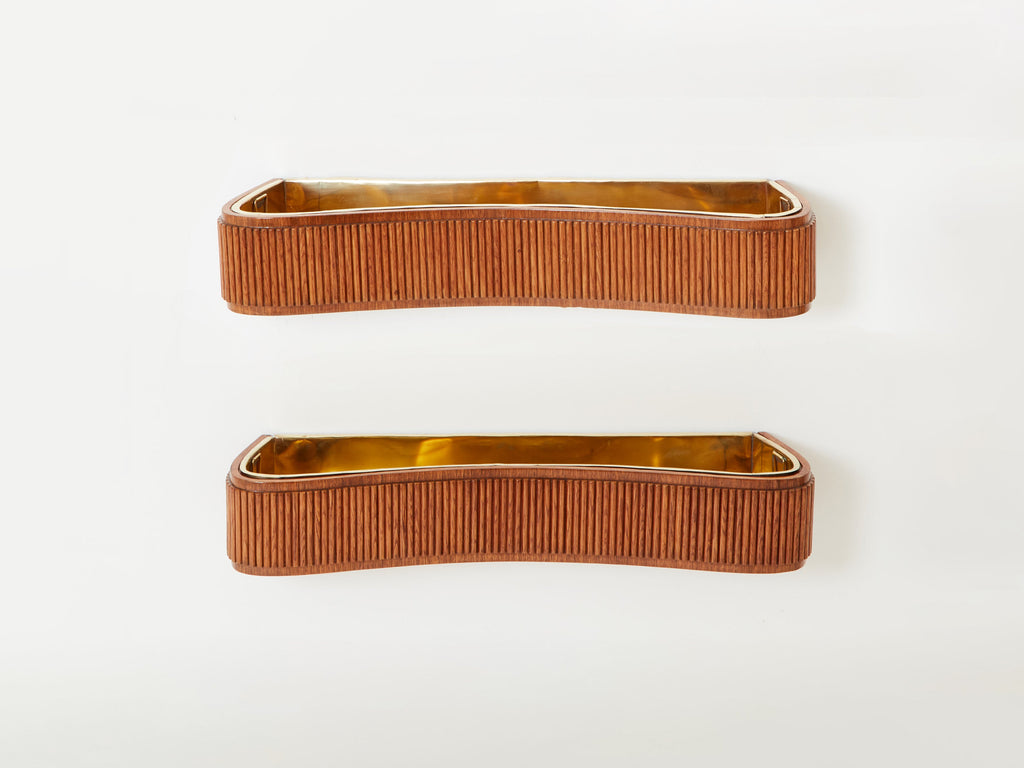 Paolo Buffa pair of carved warm elm wood brass planters 1940s