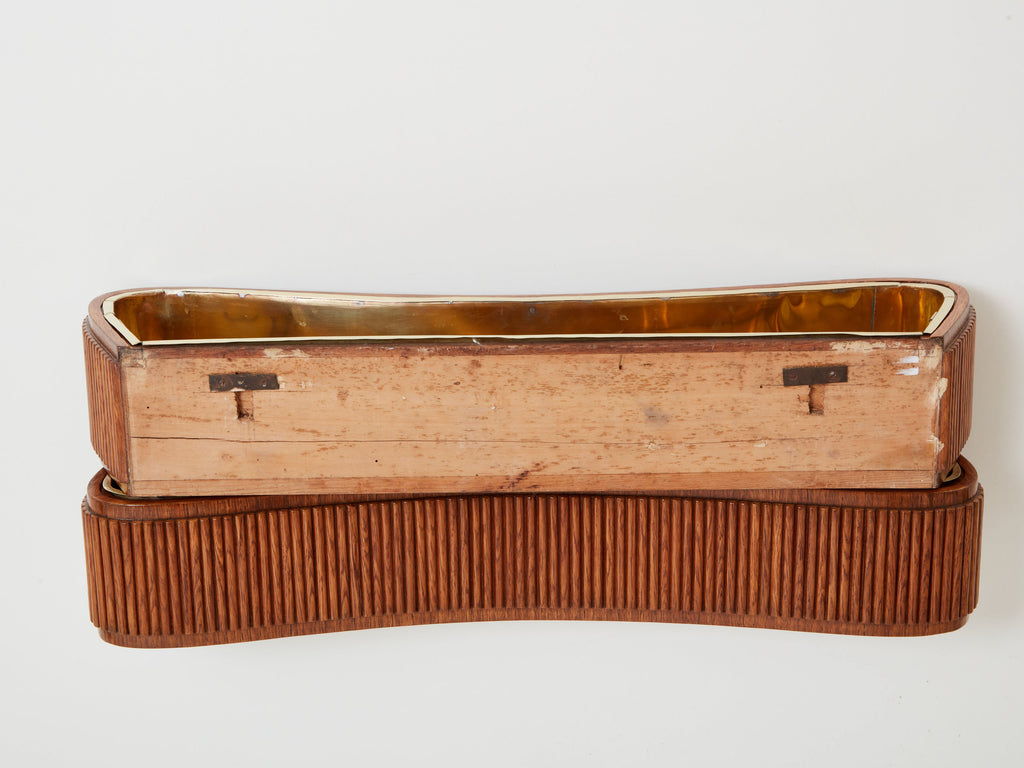 Paolo Buffa pair of carved warm elm wood brass planters 1940s