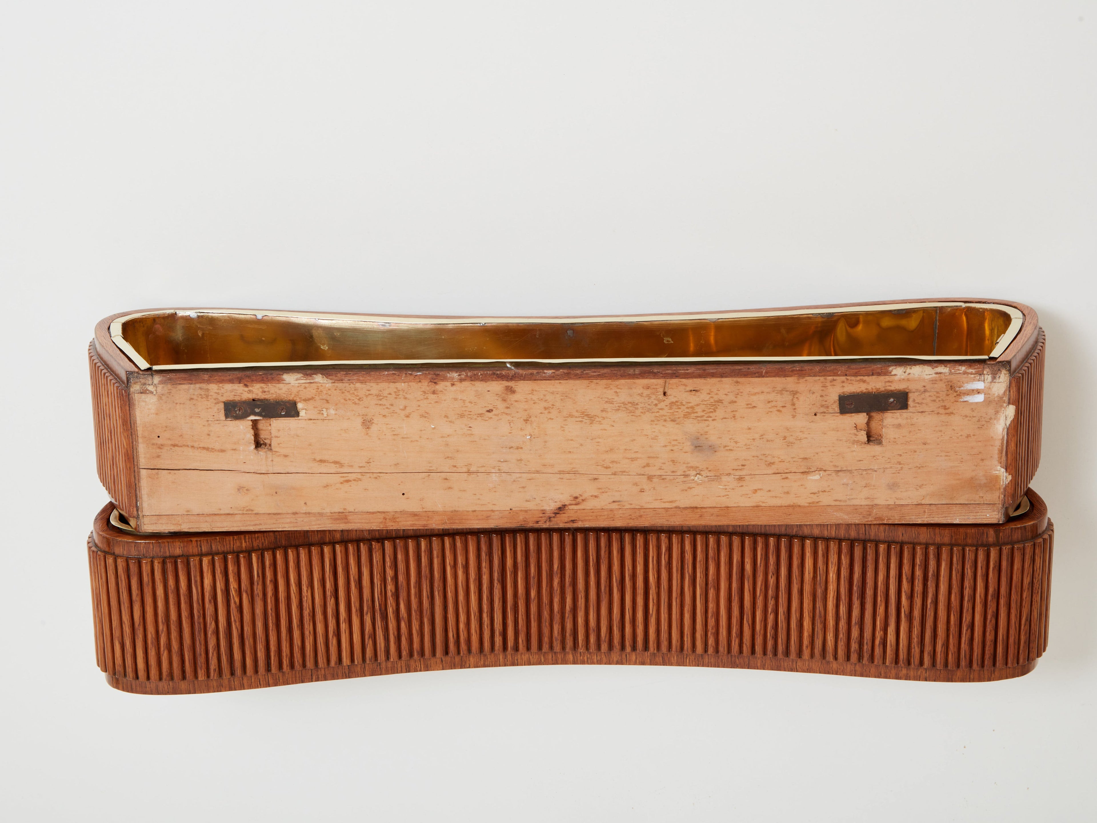 Paolo Buffa pair of carved warm elm wood brass planters 1940s