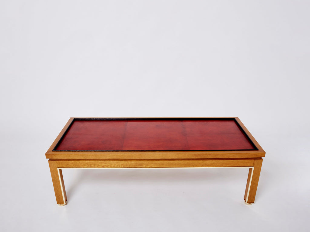 Dupré-Lafon style oak brass leather coffee table Alberto Pinto 1990
