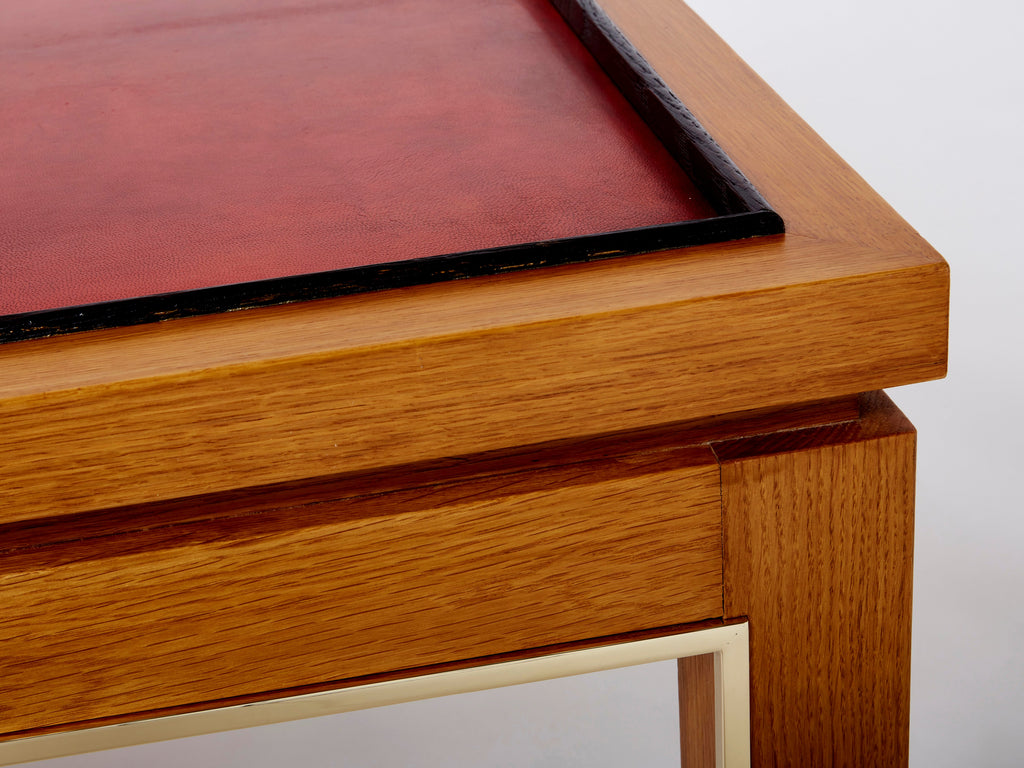 Dupré-Lafon style oak brass leather coffee table Alberto Pinto 1990