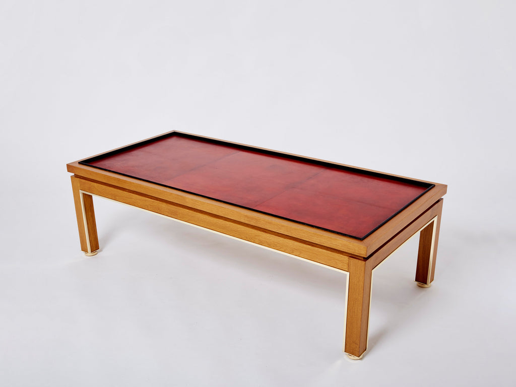 Dupré-Lafon style oak brass leather coffee table Alberto Pinto 1990