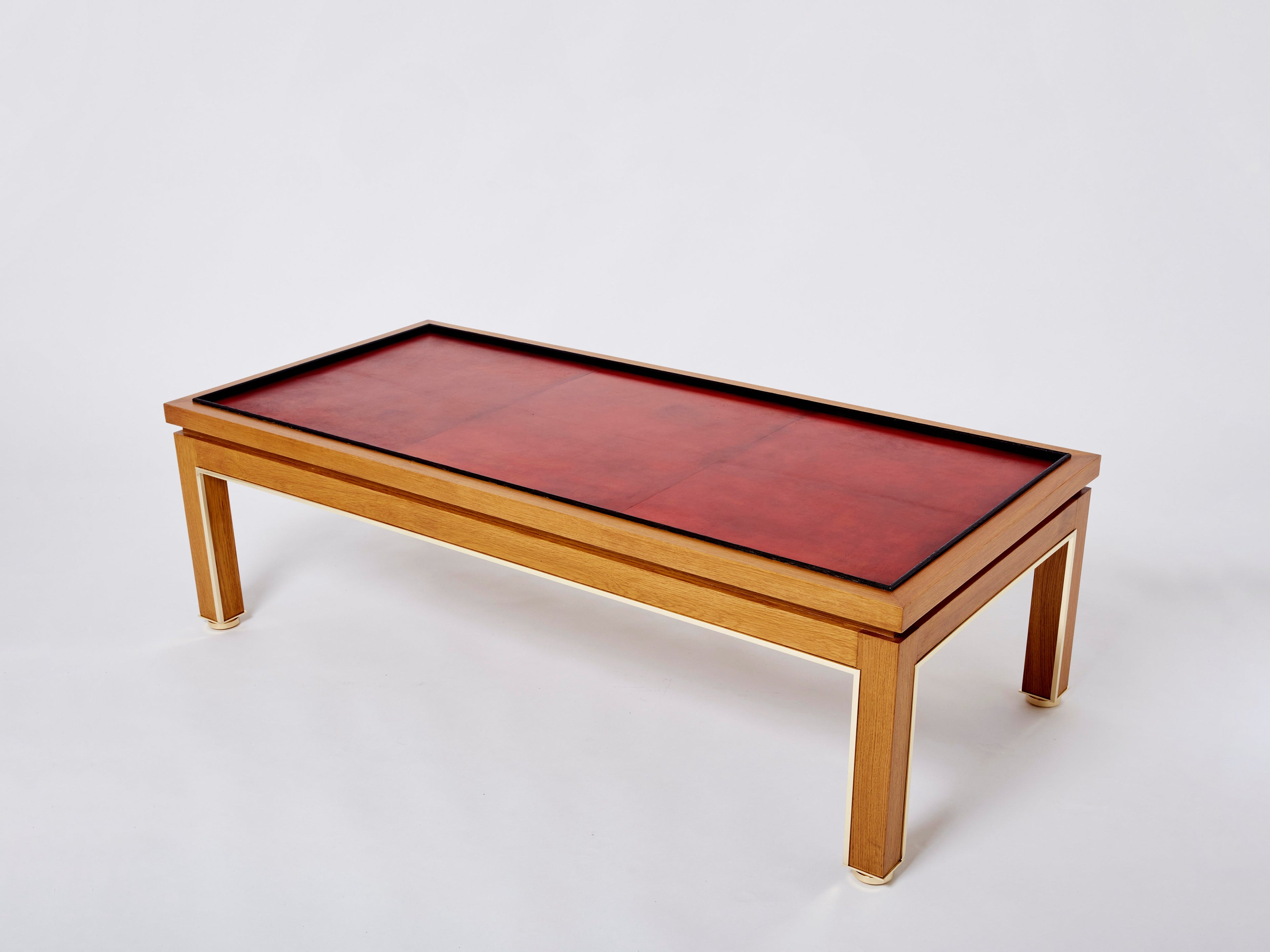 Dupré-Lafon style oak brass leather coffee table Alberto Pinto 1990