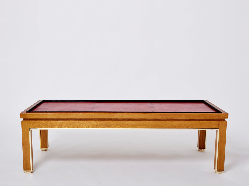 Dupré-Lafon style oak brass leather coffee table Alberto Pinto 1990
