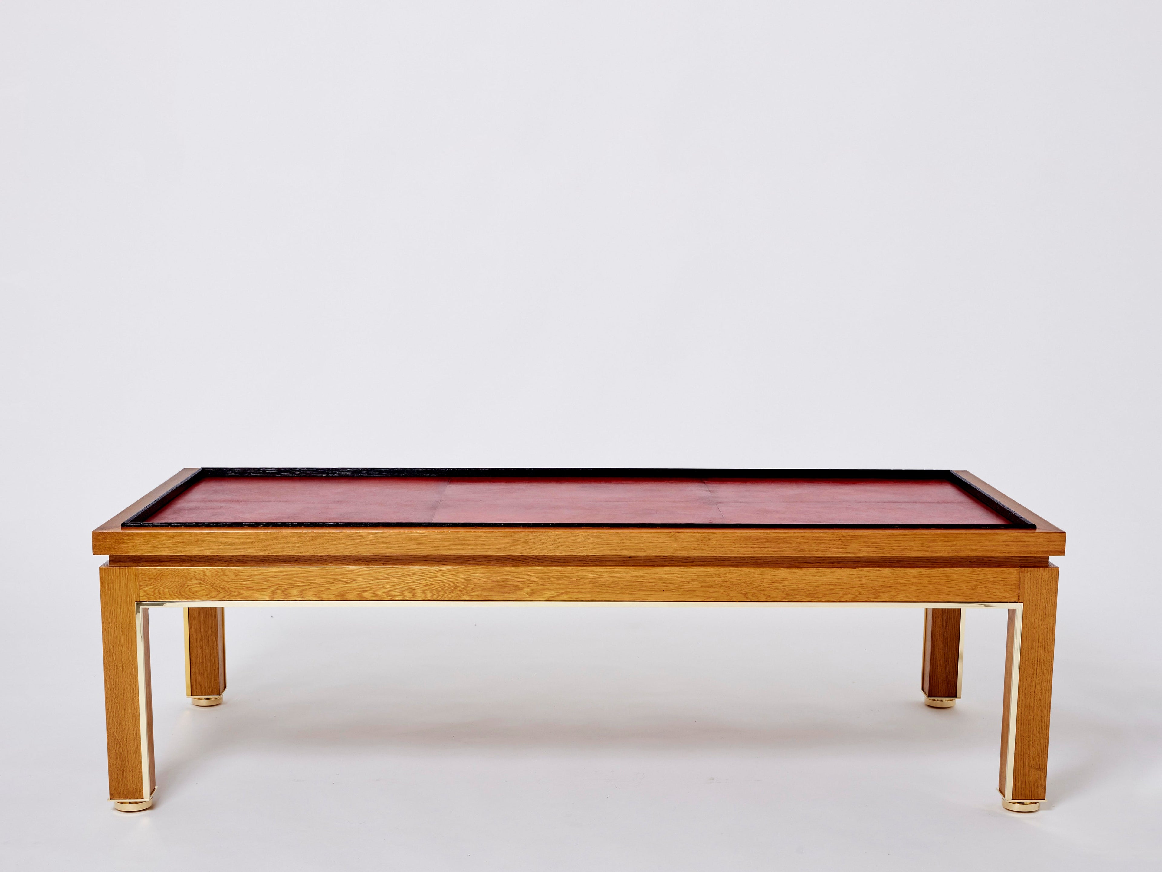 Dupré-Lafon style oak brass leather coffee table Alberto Pinto 1990