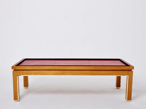 Dupré-Lafon style oak brass leather coffee table Alberto Pinto 1990