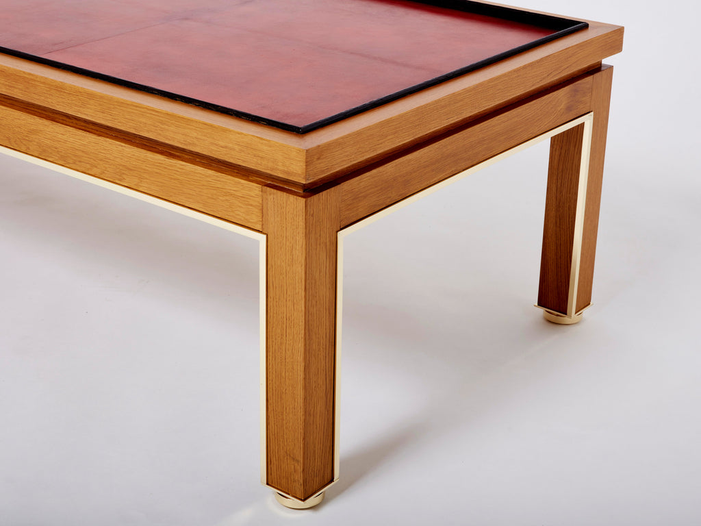 Dupré-Lafon style oak brass leather coffee table Alberto Pinto 1990