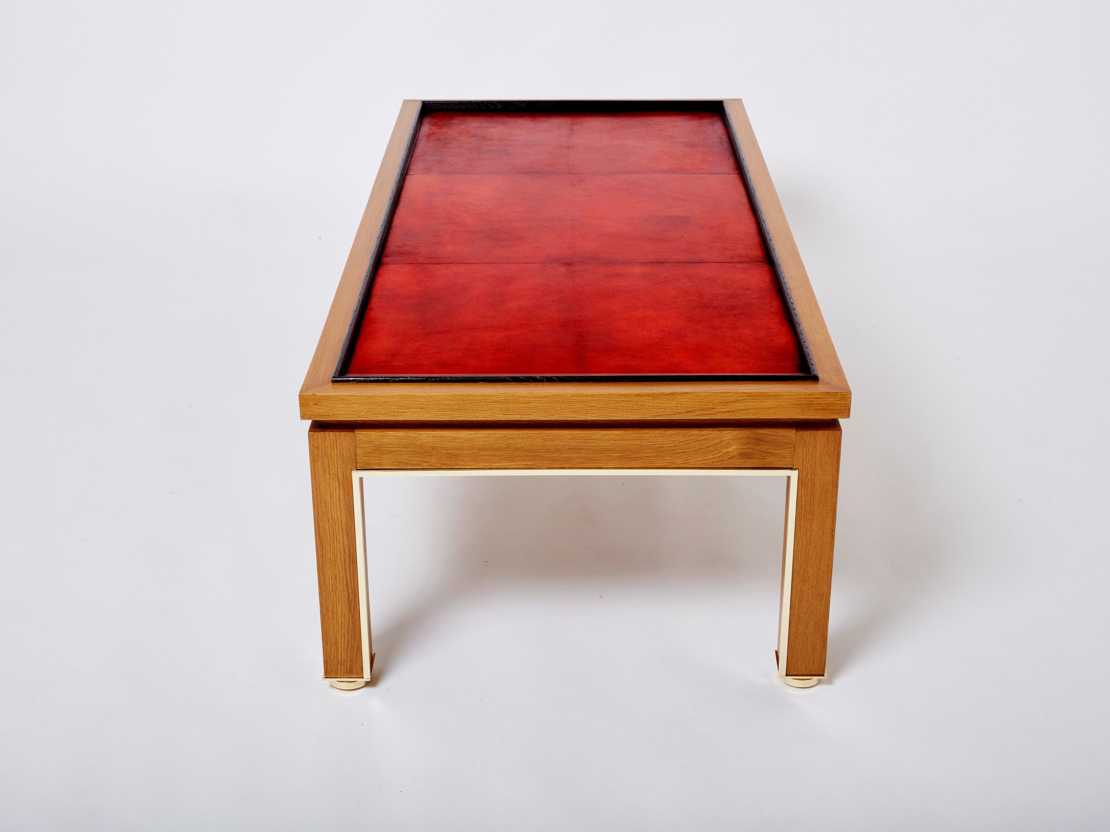 Dupré-Lafon style oak brass leather coffee table Alberto Pinto 1990