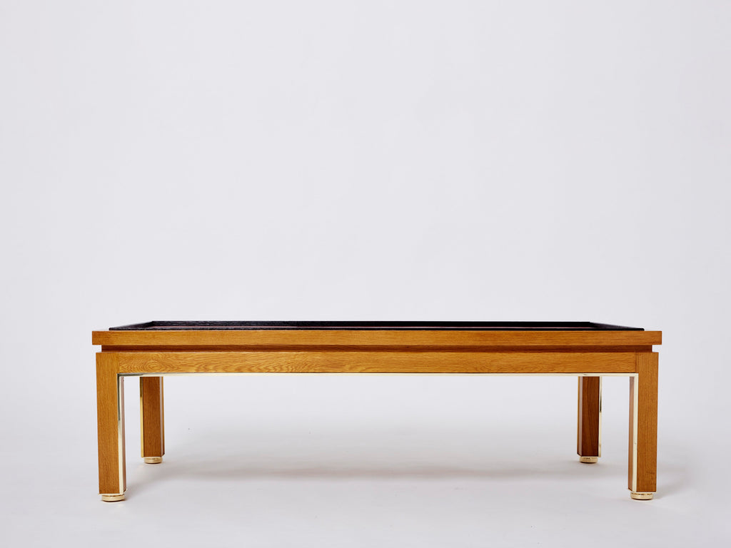 Dupré-Lafon style oak brass leather coffee table Alberto Pinto 1990