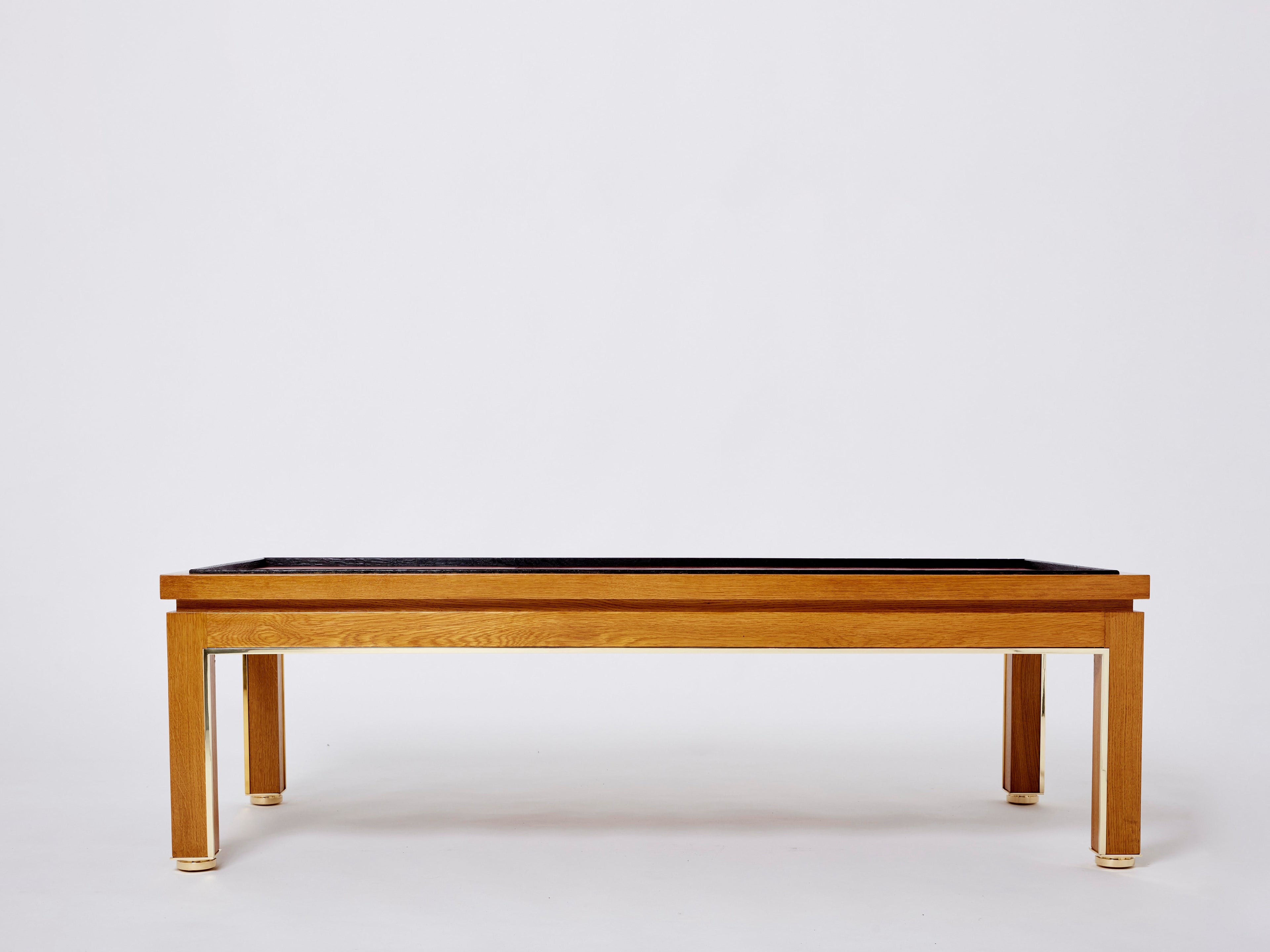Dupré-Lafon style oak brass leather coffee table Alberto Pinto 1990