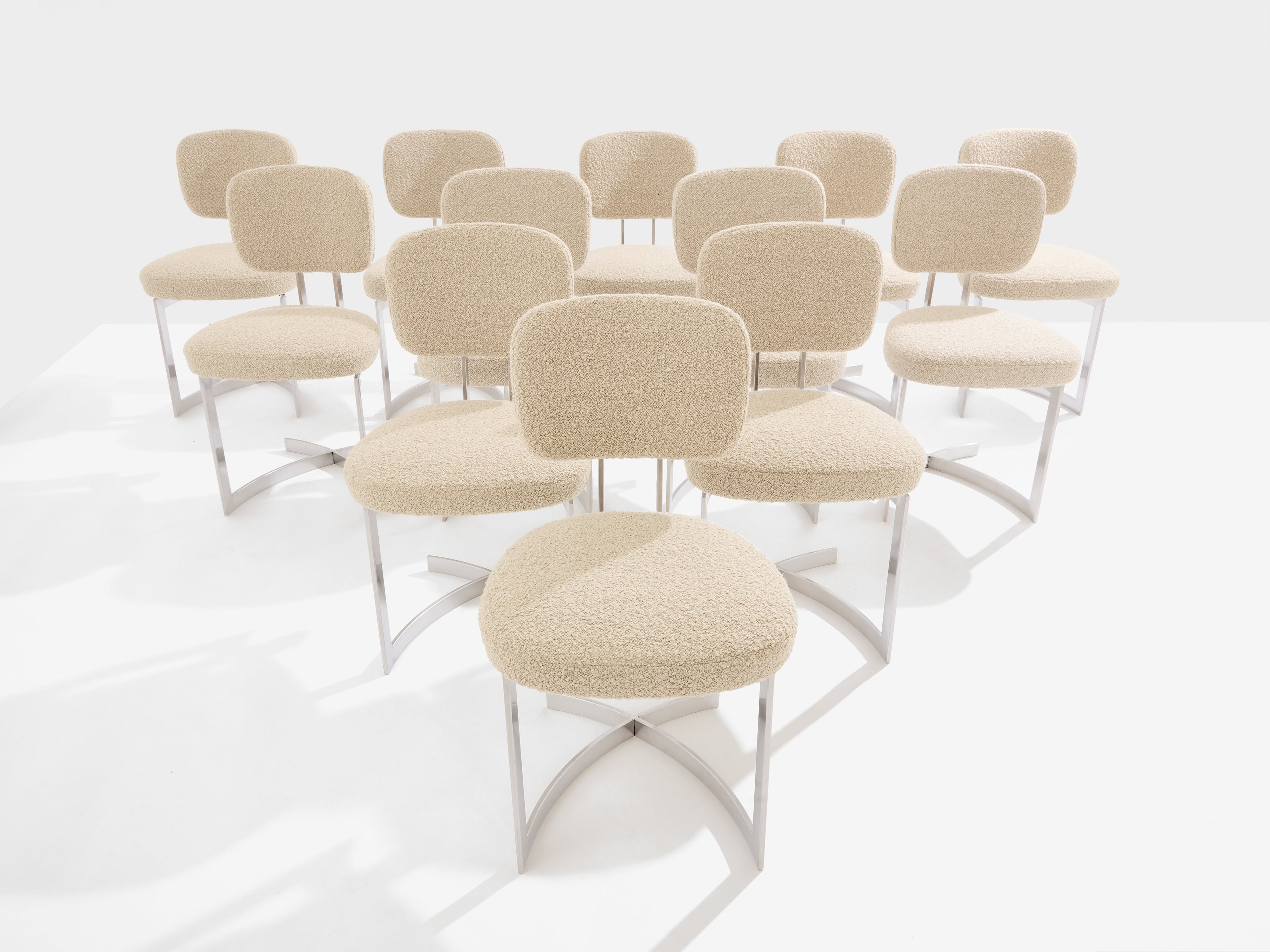 Paul Legeard set of twelve chairs stainless steel wool bouclé 1970