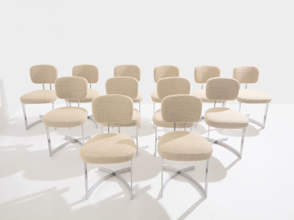 Paul Legeard set of twelve chairs stainless steel wool bouclé 1970