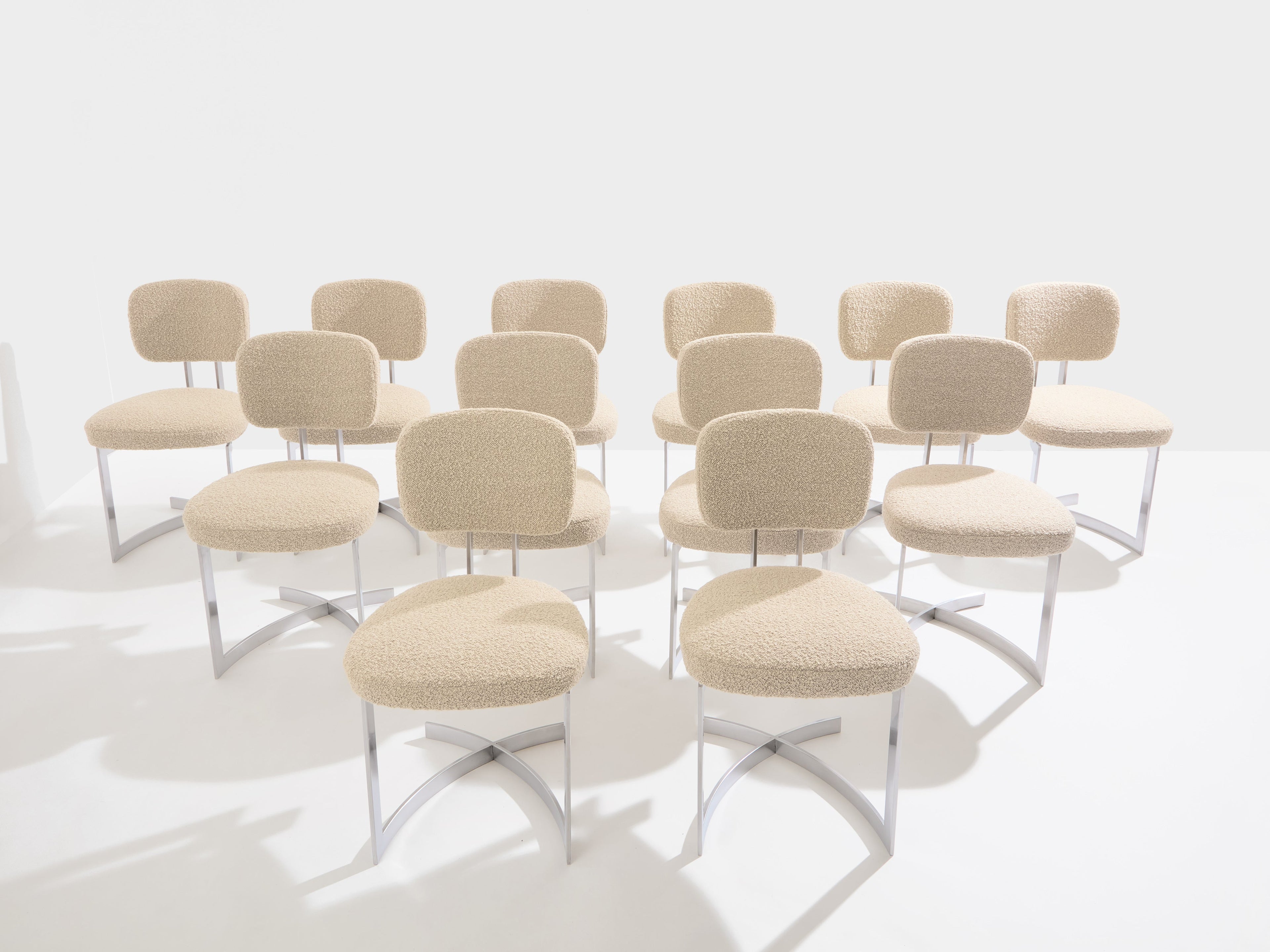 Paul Legeard set of twelve chairs stainless steel wool bouclé 1970