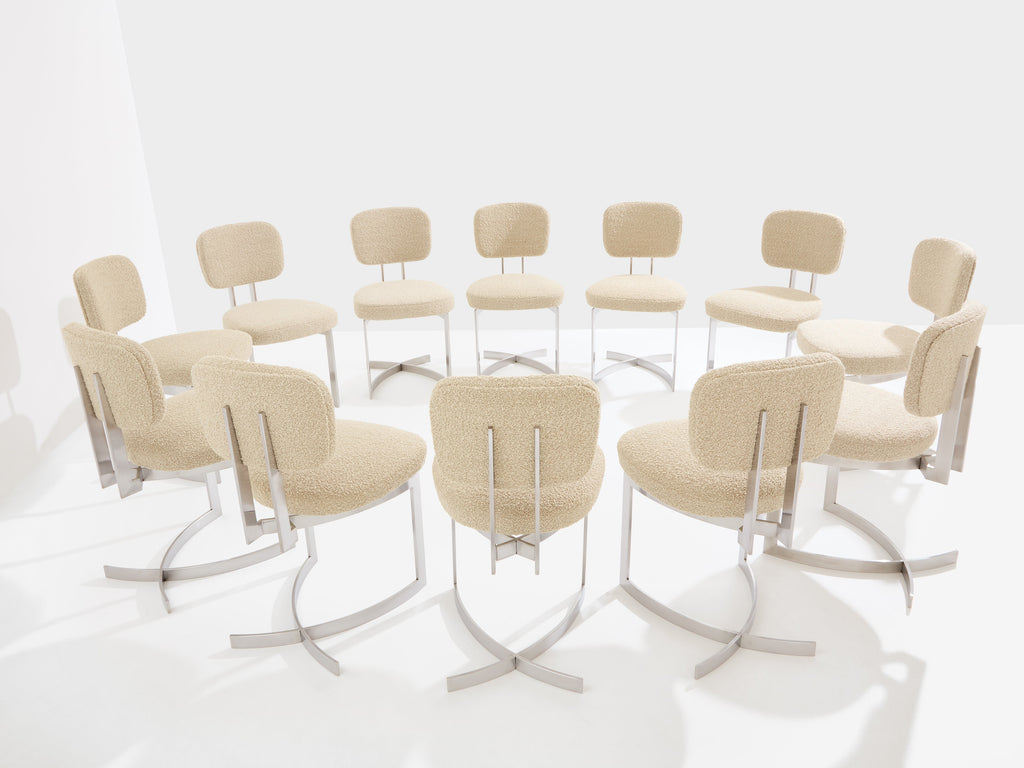 Paul Legeard set of twelve chairs stainless steel wool bouclé 1970