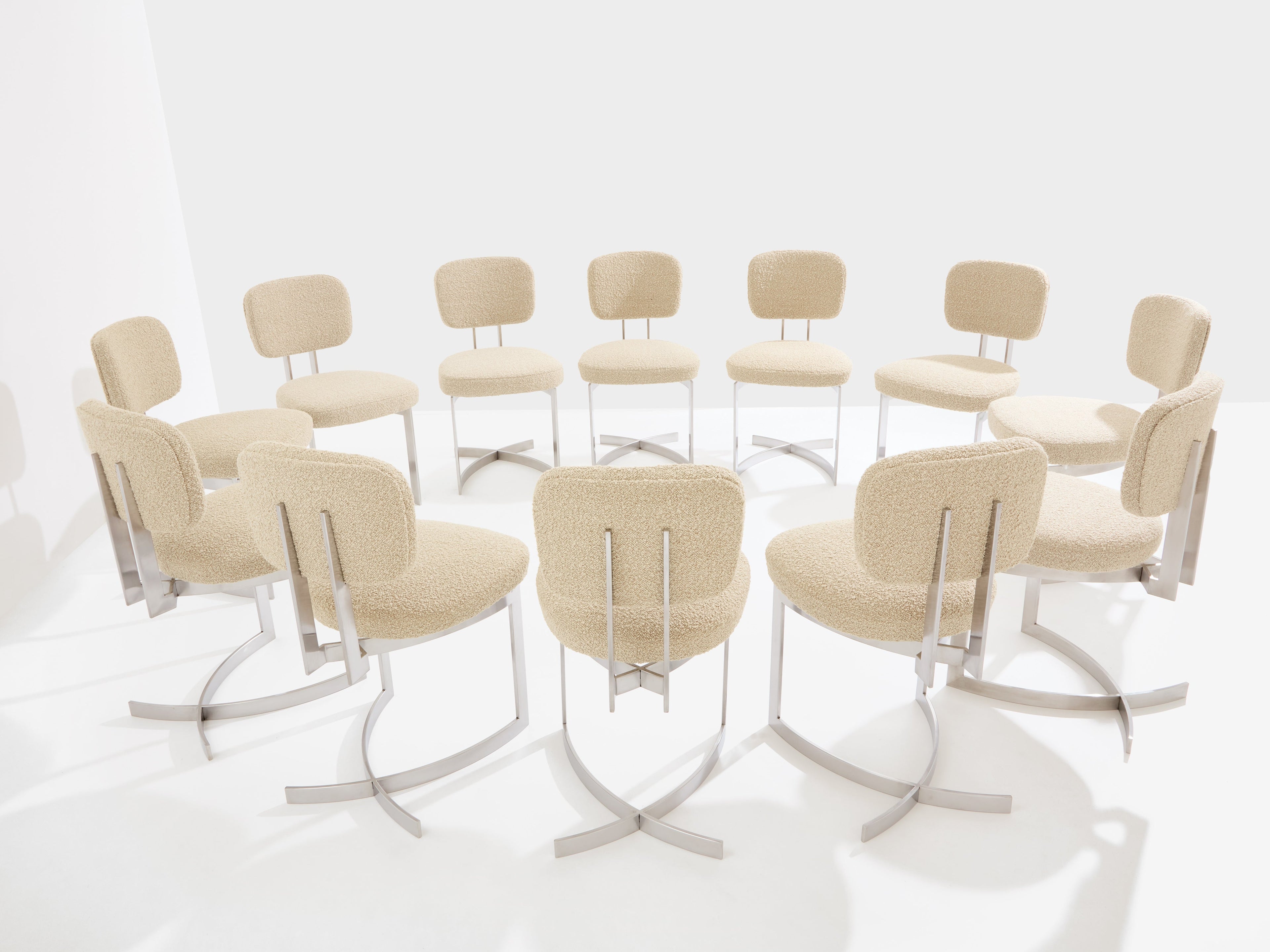 Paul Legeard set of twelve chairs stainless steel wool bouclé 1970